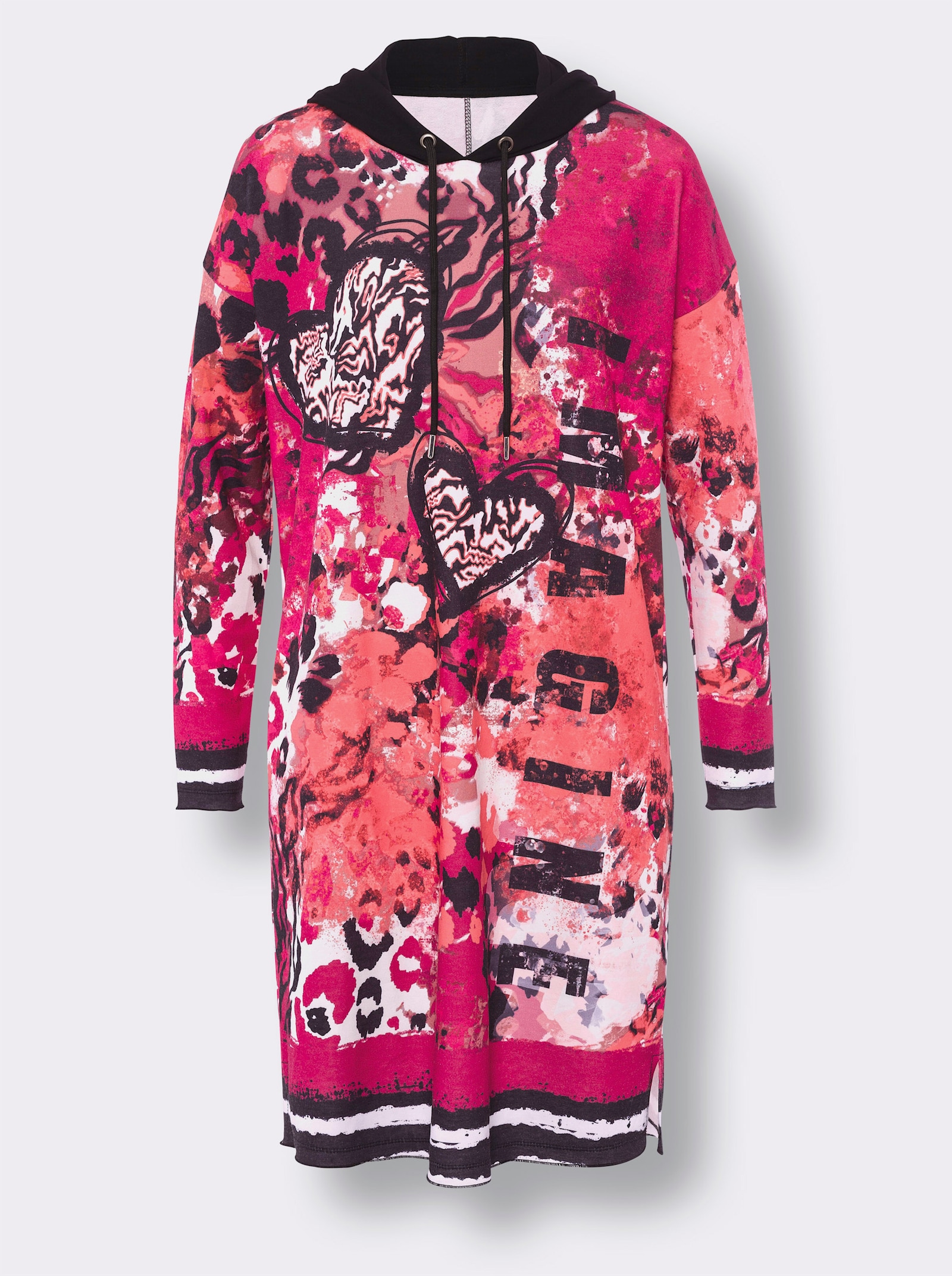 heine Jerseykleid mit Kapuze, bedruckt - pink-schwarz-bedruckt