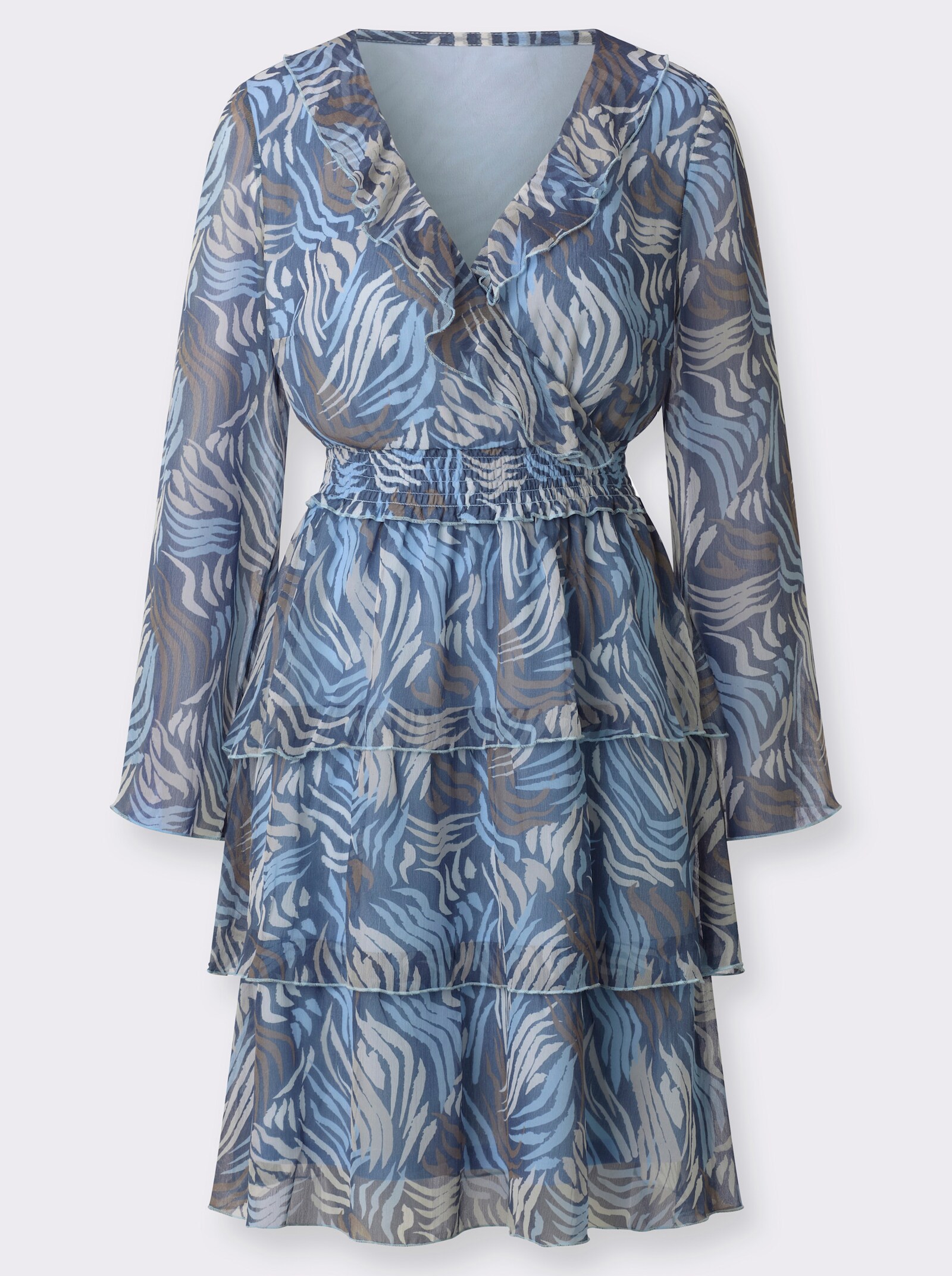 Webkleid in Stufenform - grau-eisblau-bedruckt