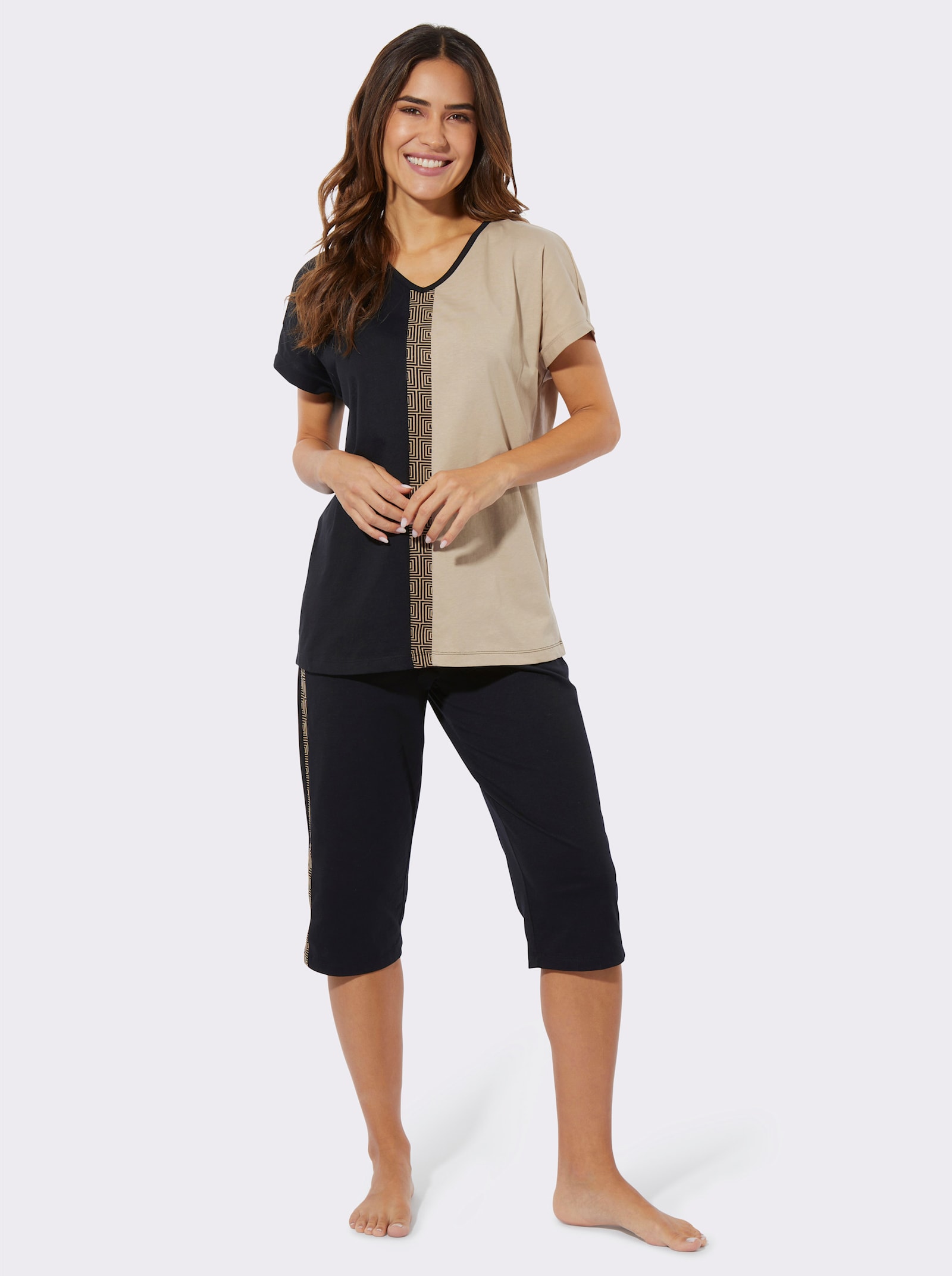 Capri pyžamo, galónové pruhy - čierno-béžová