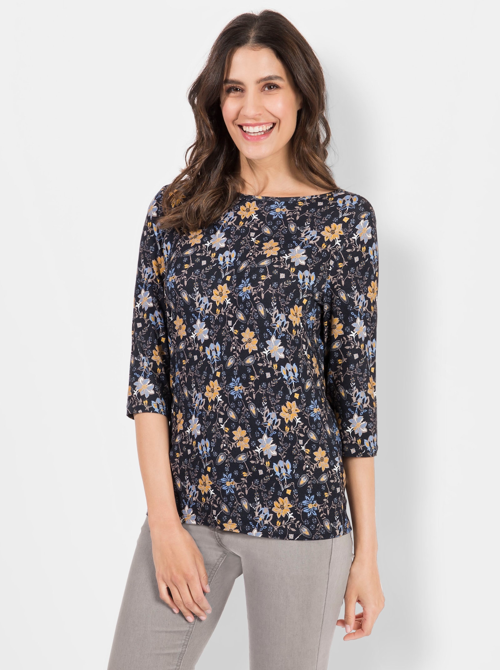 Print-Shirt mit U-Boot-Ausschnitt - marine-ocker-bedruckt