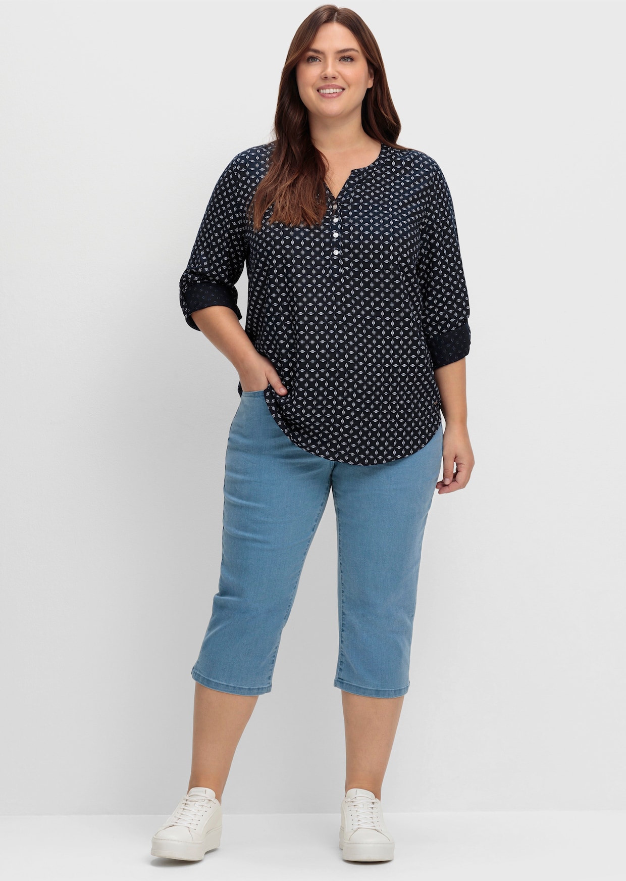 Schlupf-Bluse - marine-weiß-bedruckt
