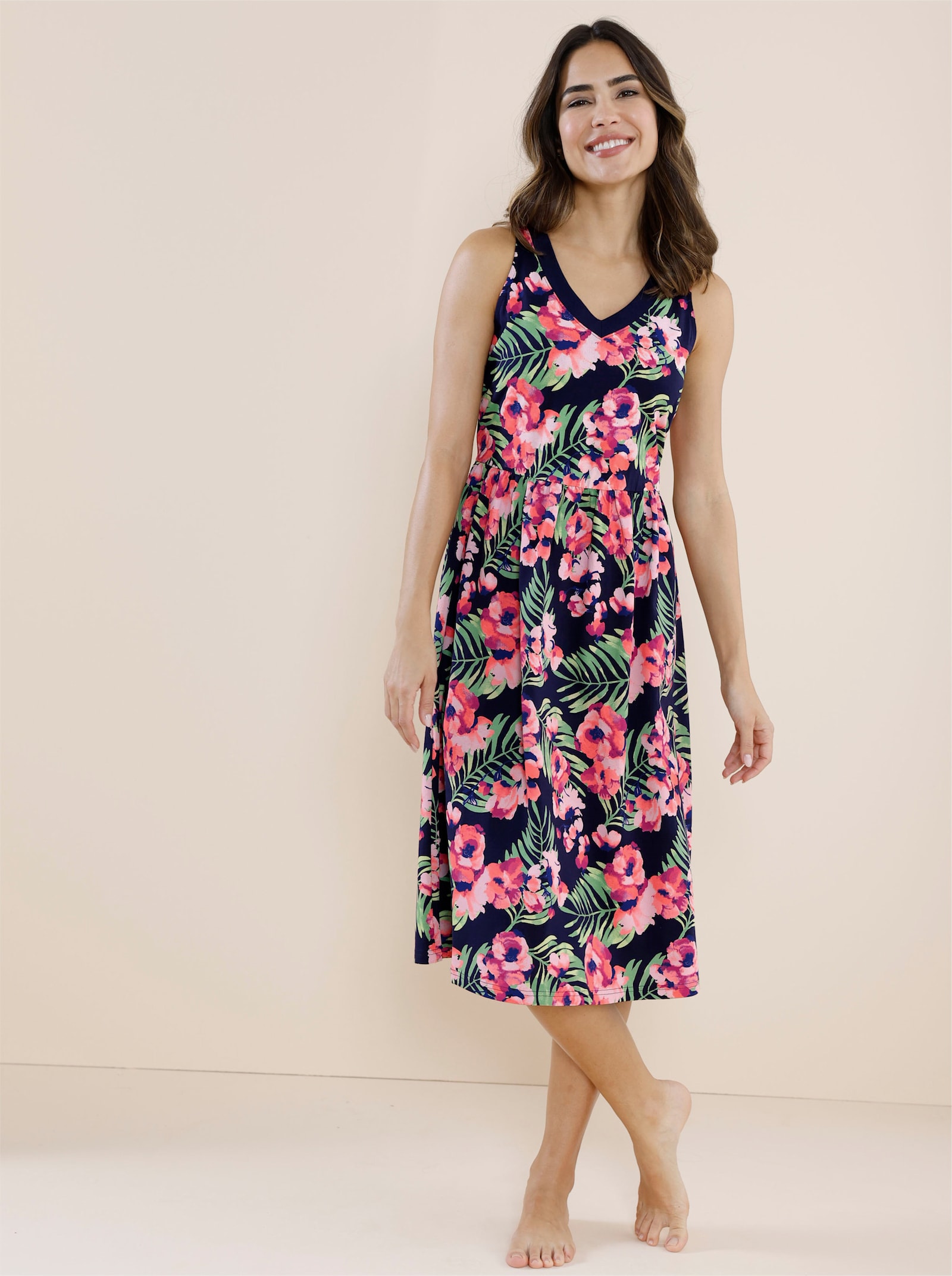 Sommerkleid mit Gummizug auf Taillenhöhe - marine-bedruckt