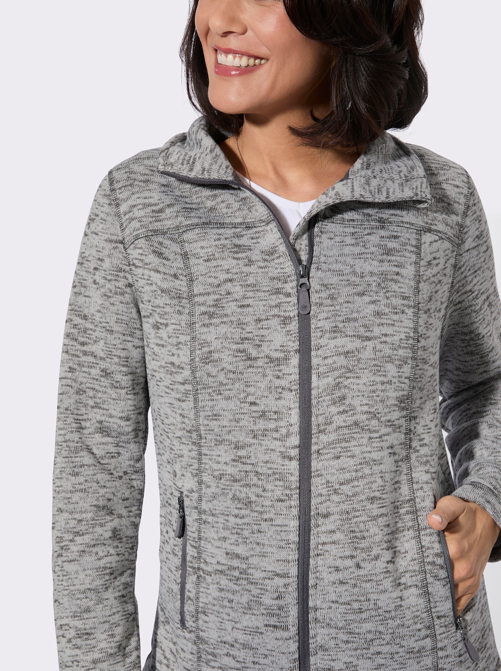 Strickfleece-Jacke mit Teilungsnähten - hellgrau-meliert