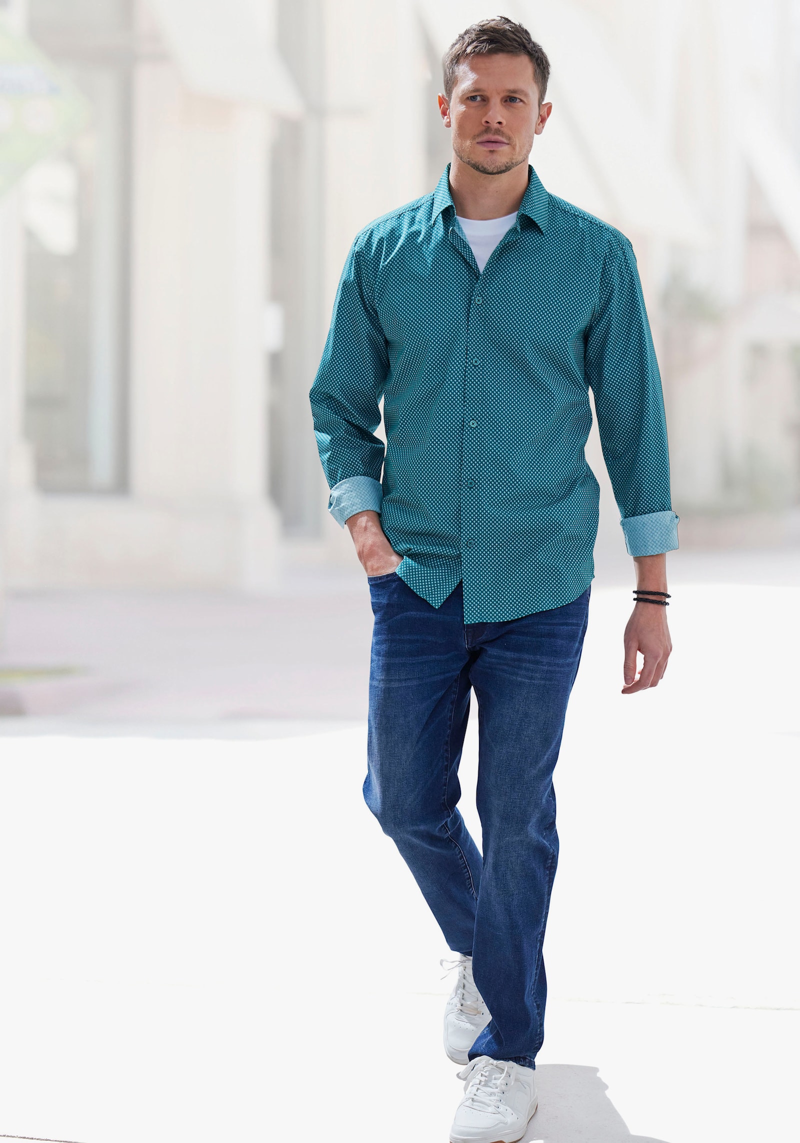 H.I.S Langarmhemd - petrol-bedruckt