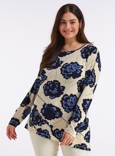 sheego Longshirt mit asymmetrischem Saum - champagner-tiefblau-bedruckt