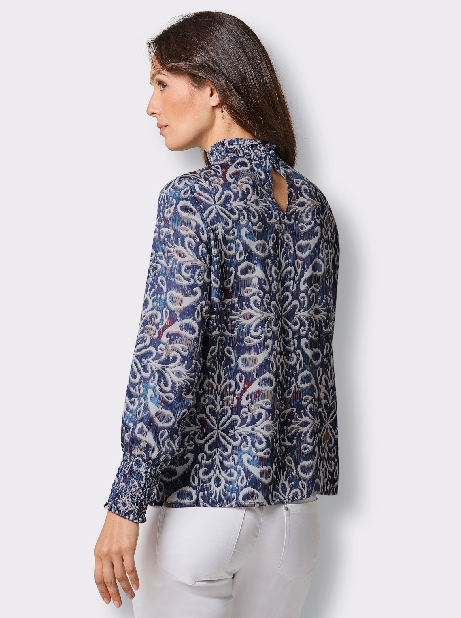 CREATION L PREMIUM Bluse mit Stehkragen mit gesmokten Abschlüssen - ecru-marine-bedruckt