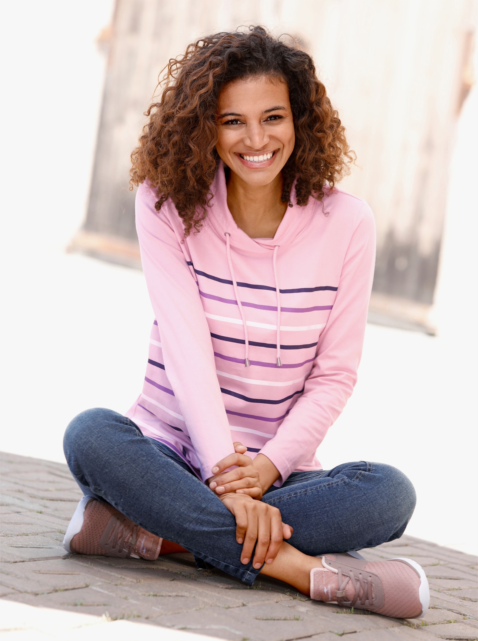 Stehkragenshirt mit Tunnelzug - rosé-geringelt