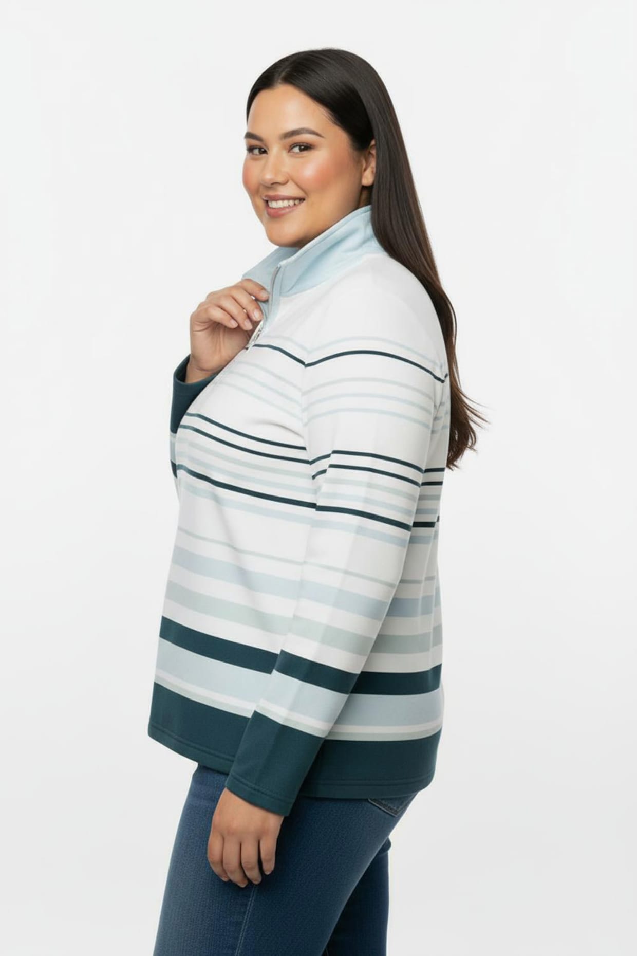 Troyer mit kurzem Reißverschluss - ecru-kalkmint-geringelt