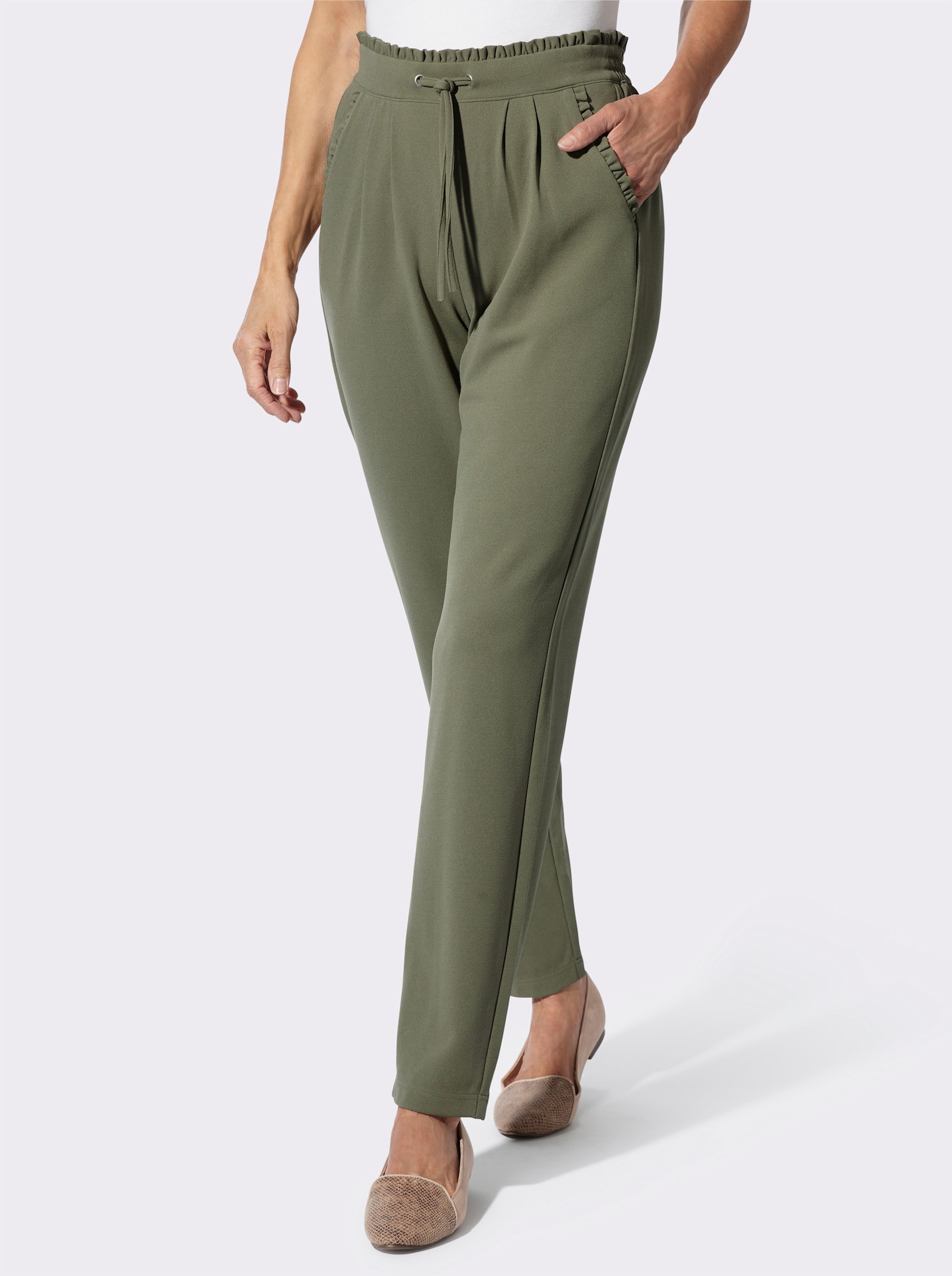 Jerseyhose mit Rüschen am Dehnbund - khaki