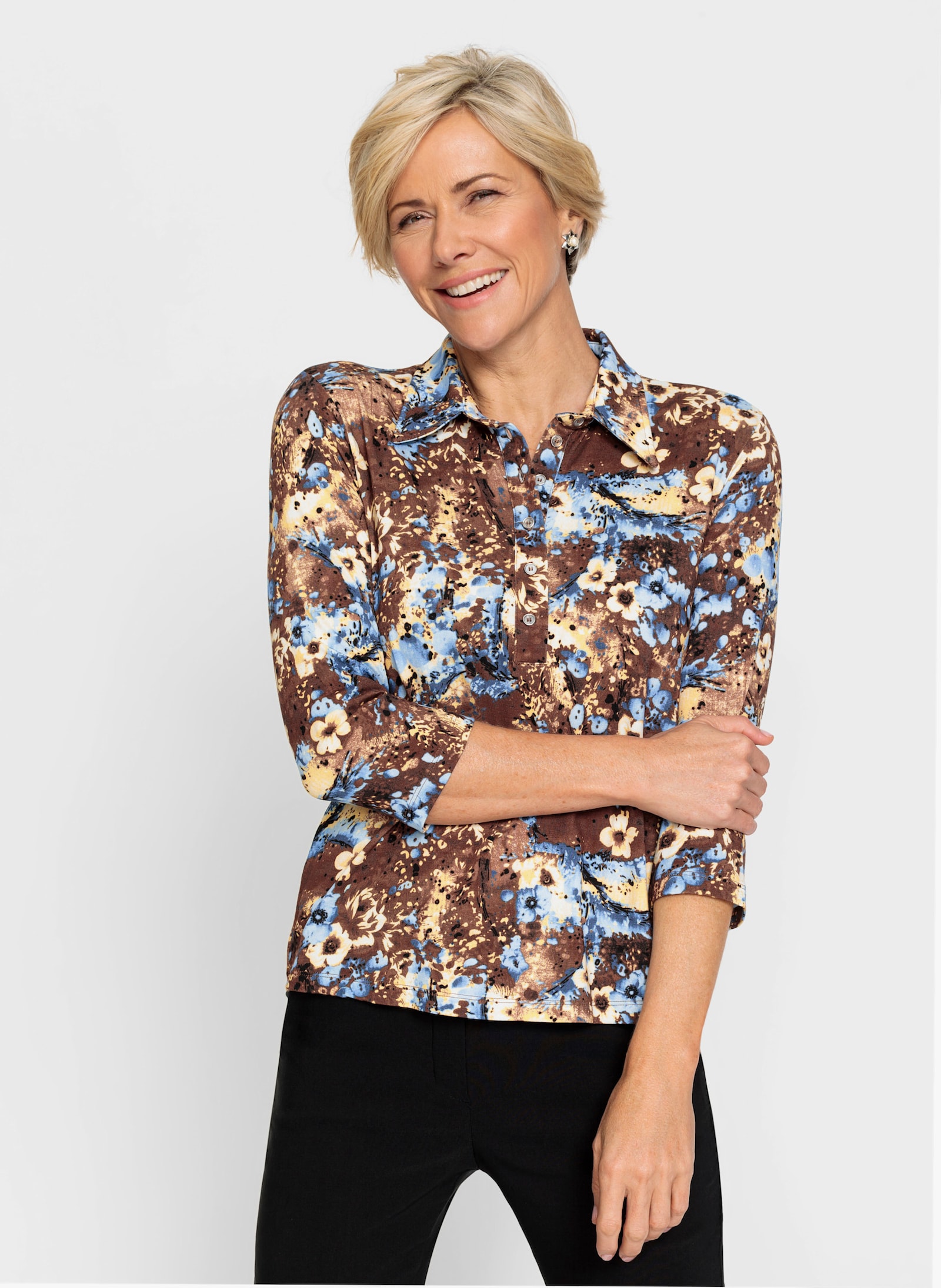 Poloshirt in floralem Mustermix - braun-hellblau-bedruckt