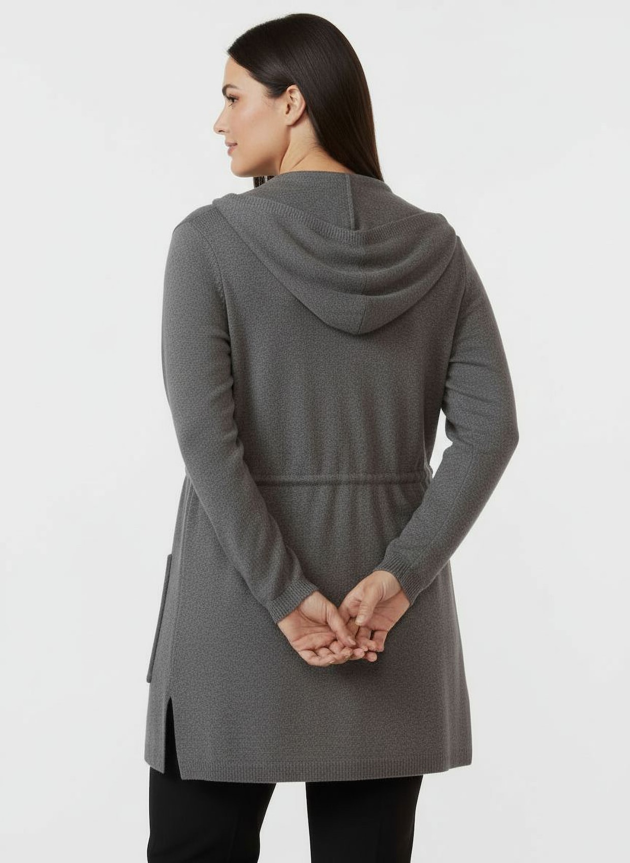 Kapuzenstrickjacke mit Tunnelzug in der Taille - anthrazit-meliert