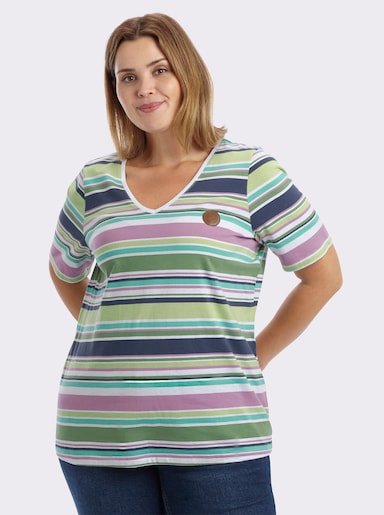 sheego Ringelshirt mit streckendem V-Ausschnitt - weiß-orchidee-geringelt