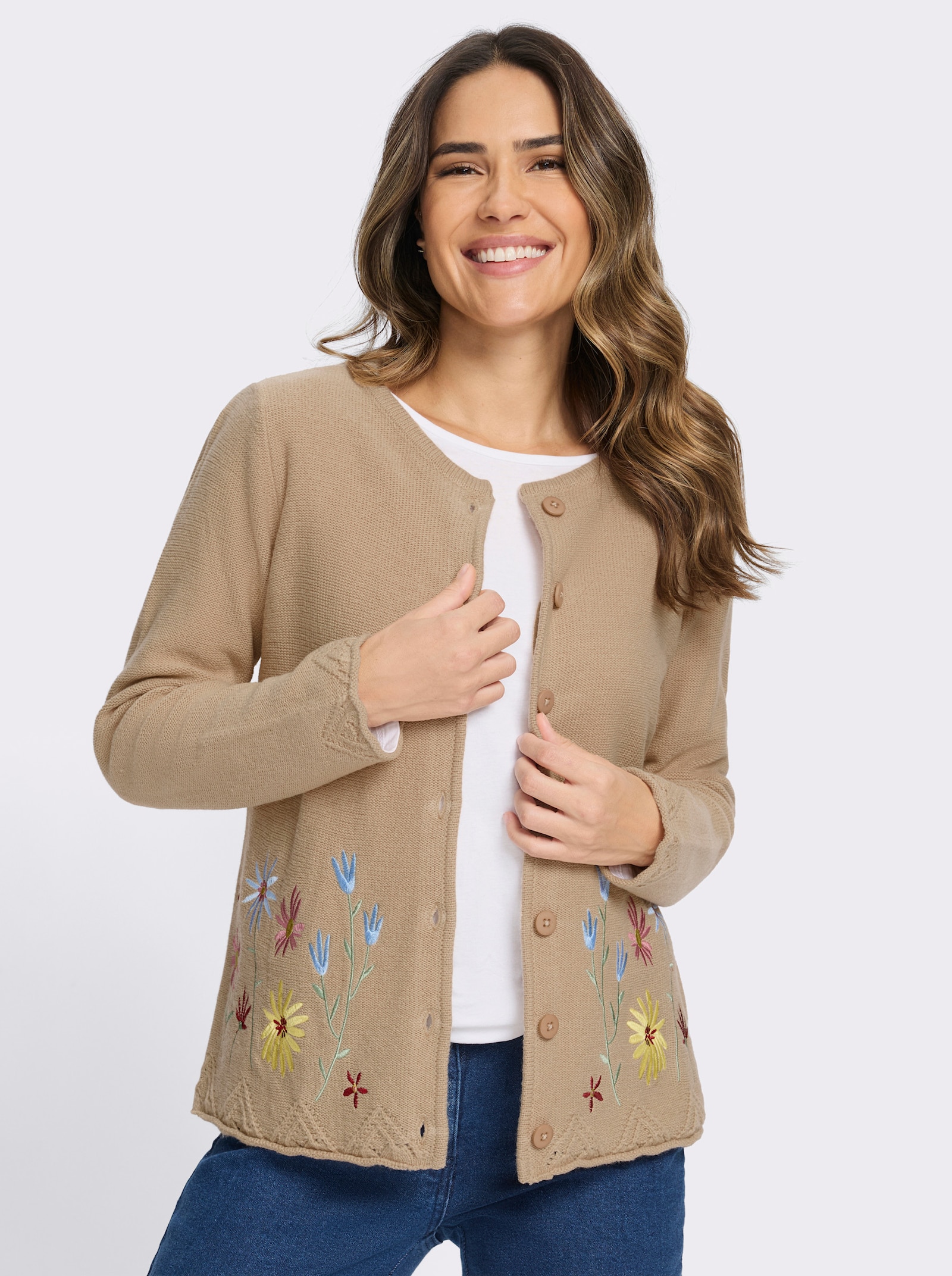 Strickjacke mit Blütenstickerei - beige