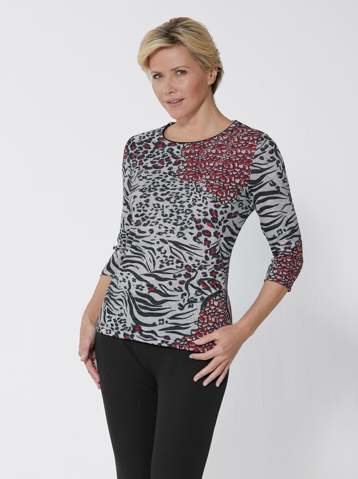 3/4-Arm-Shirt - weinrot-gemustert