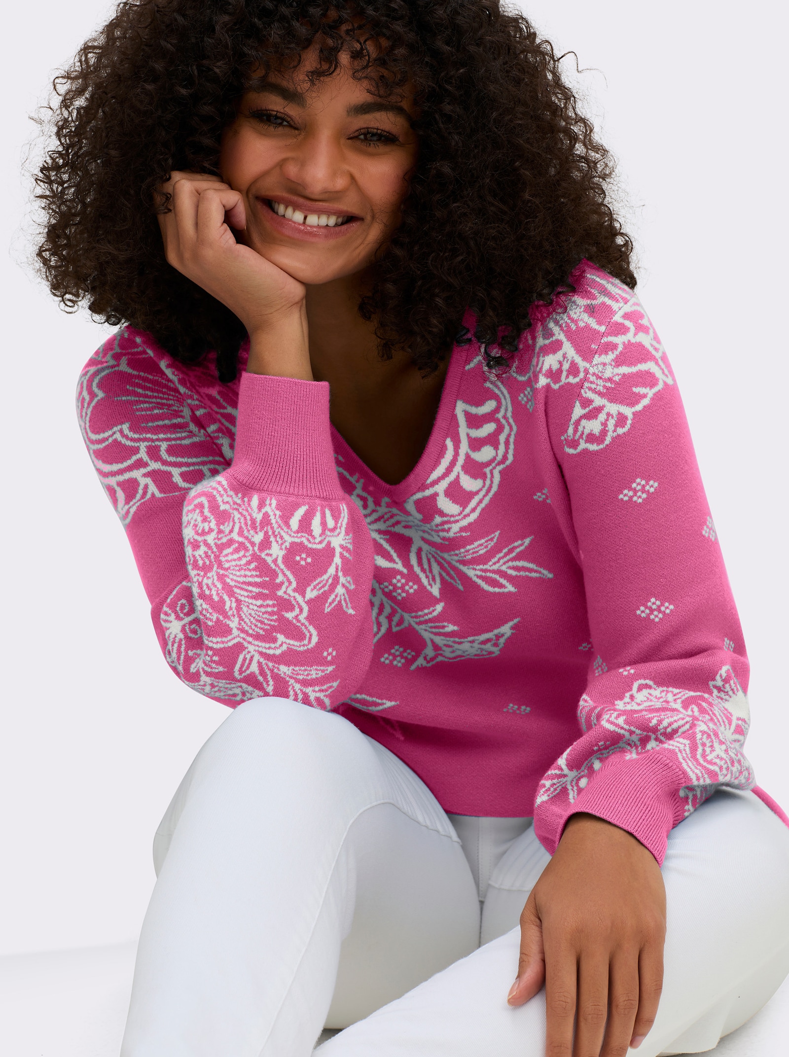 sheego by Joe Browns Jacquardpullover mit Blüten - pink-fuchsia-gemustert