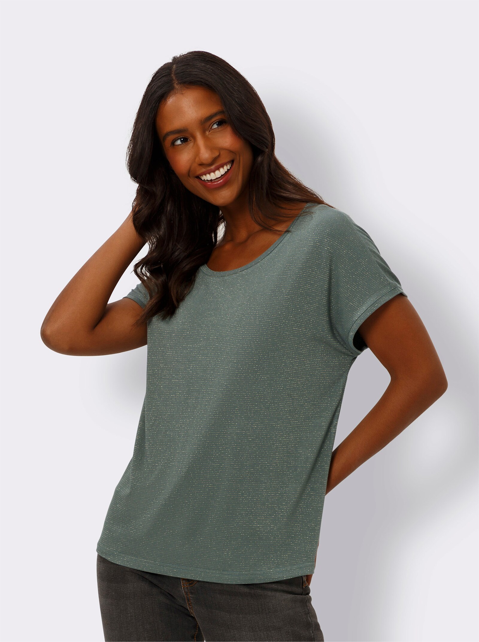 heine T-shirt à encolure ronde avec fil brillant - kaki-couleur or à rayures fines