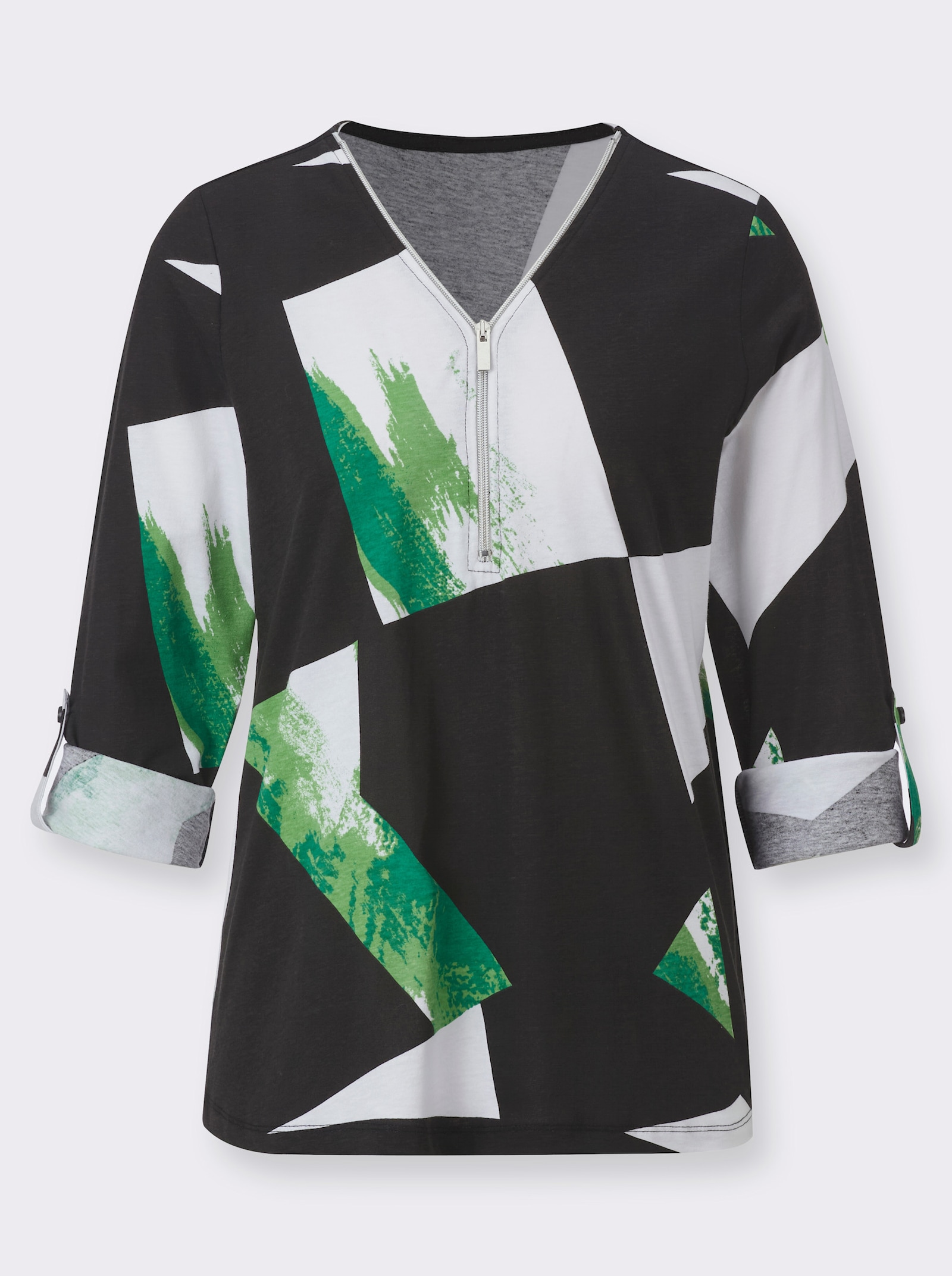 Shirt met V-hals in grafisch dessin - zwart/appelgroen gedessineerd