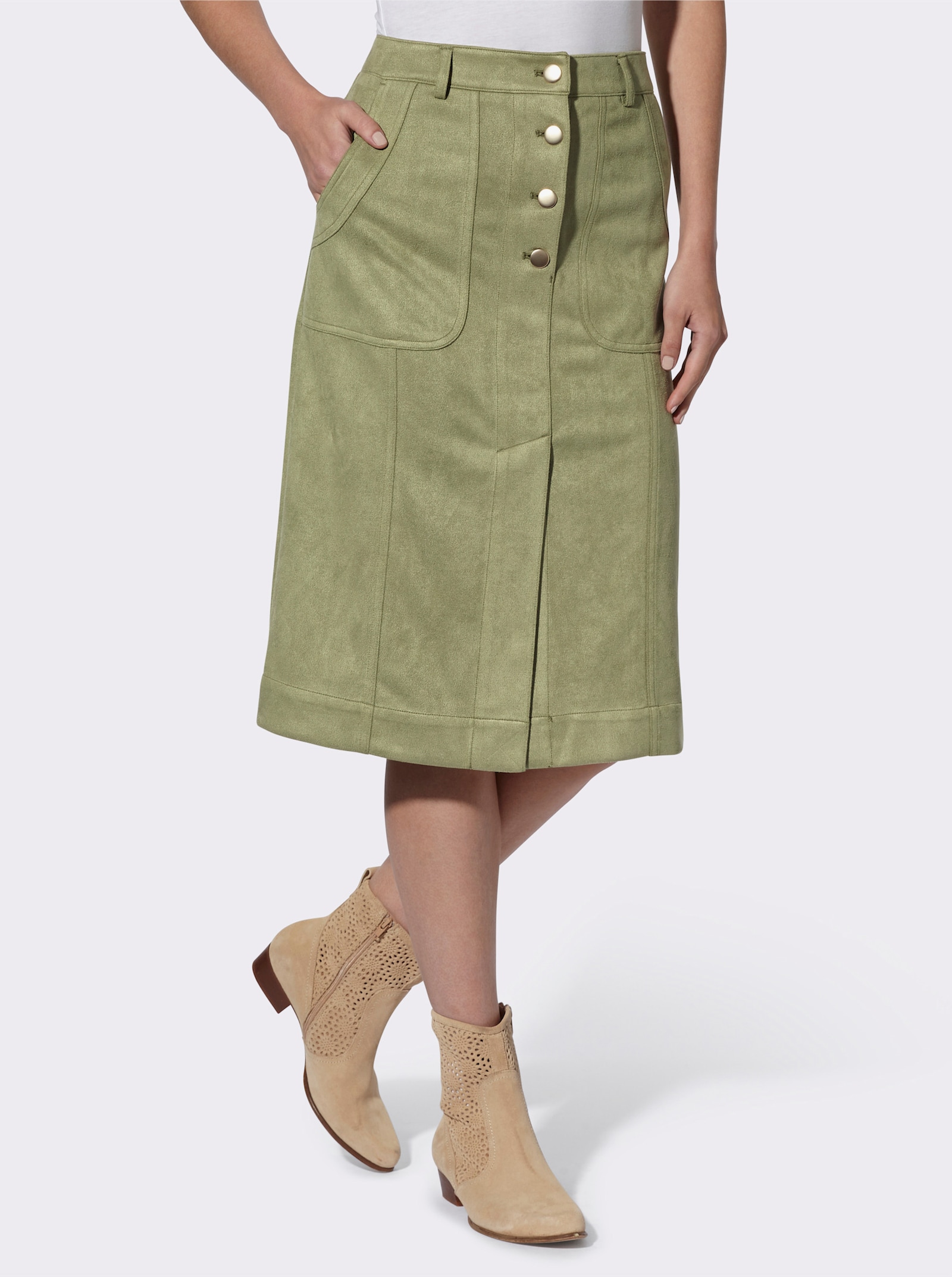 Lederimitatrock mit goldfarbenen Knöpfen - schilf