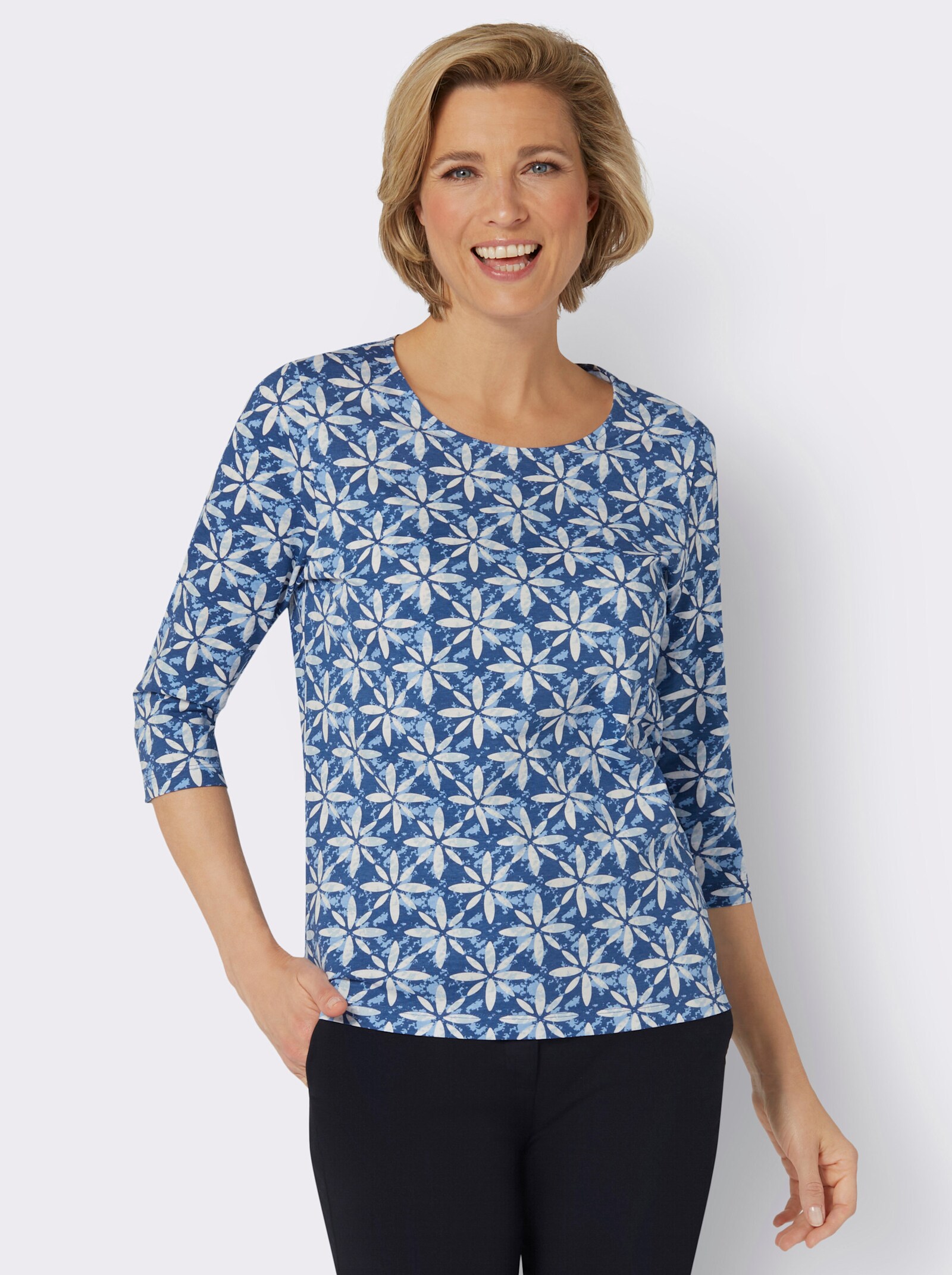 Shirt met 3/4-mouwen en grafisch bloemenpatroon - jeansblauw/lichtblauw bedrukt