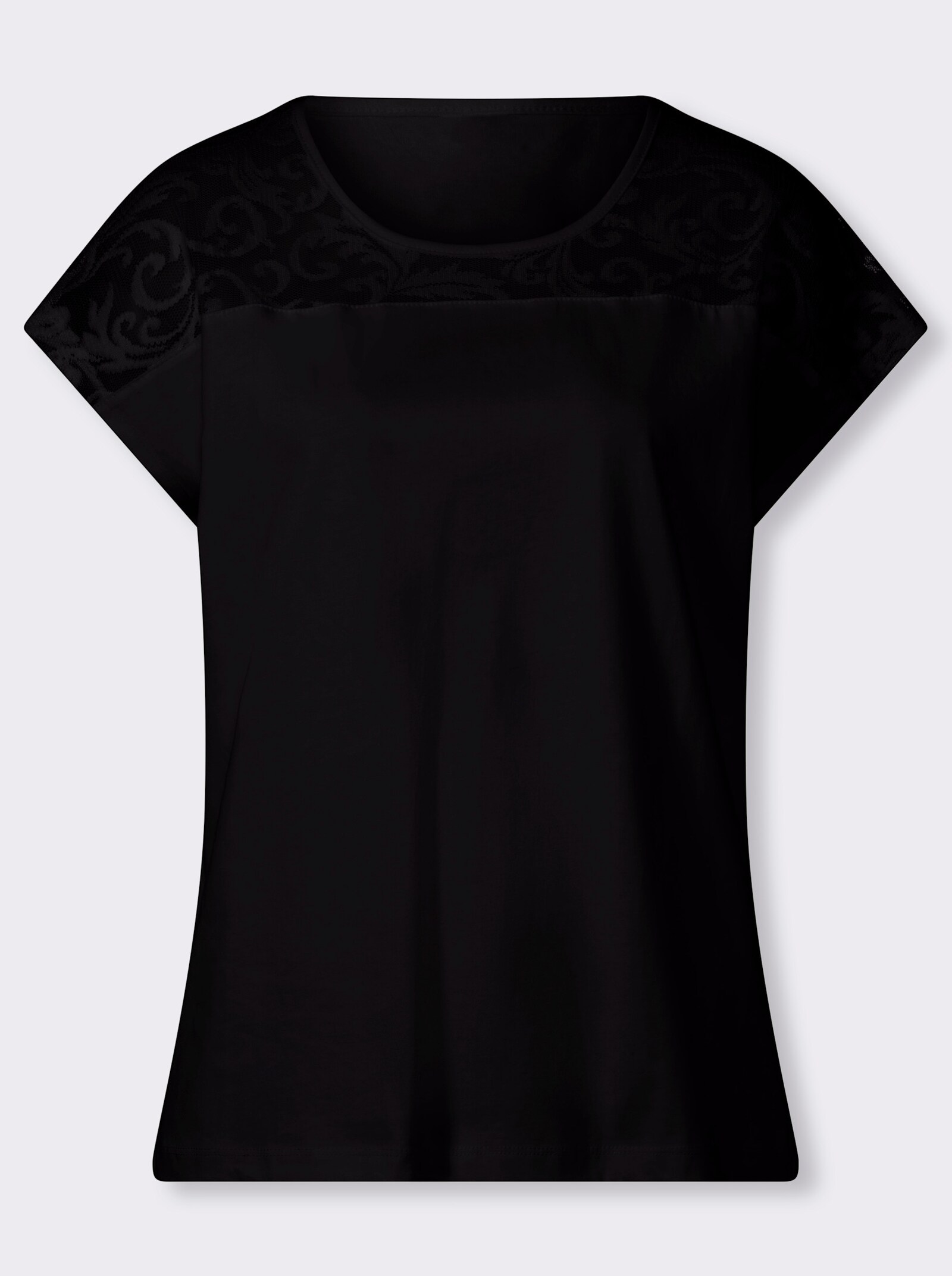 Rundhalsshirt mit Spitzeneinsatz - schwarz