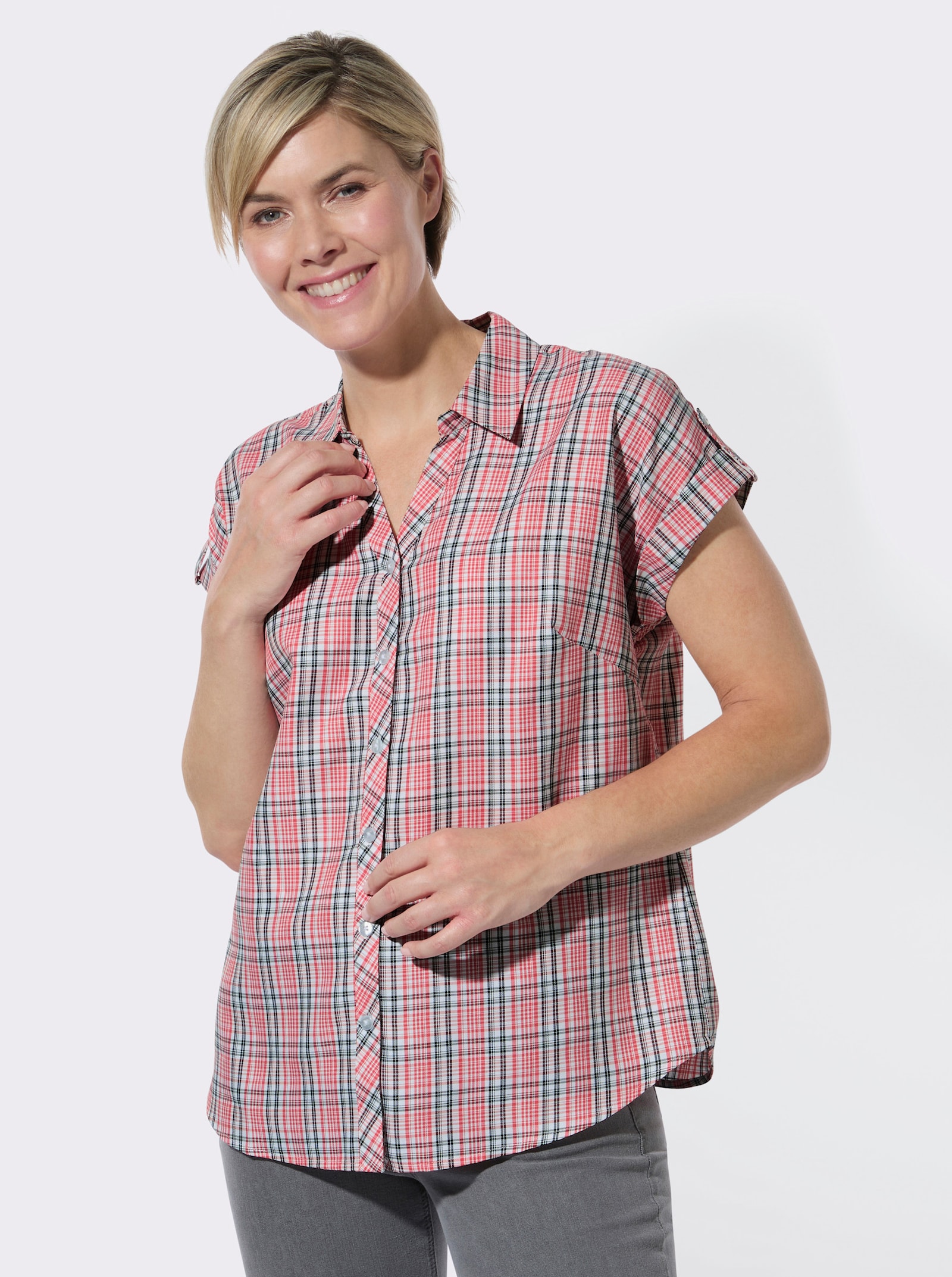 Karobluse mit Hemdkragen - koralle-weiß-kariert