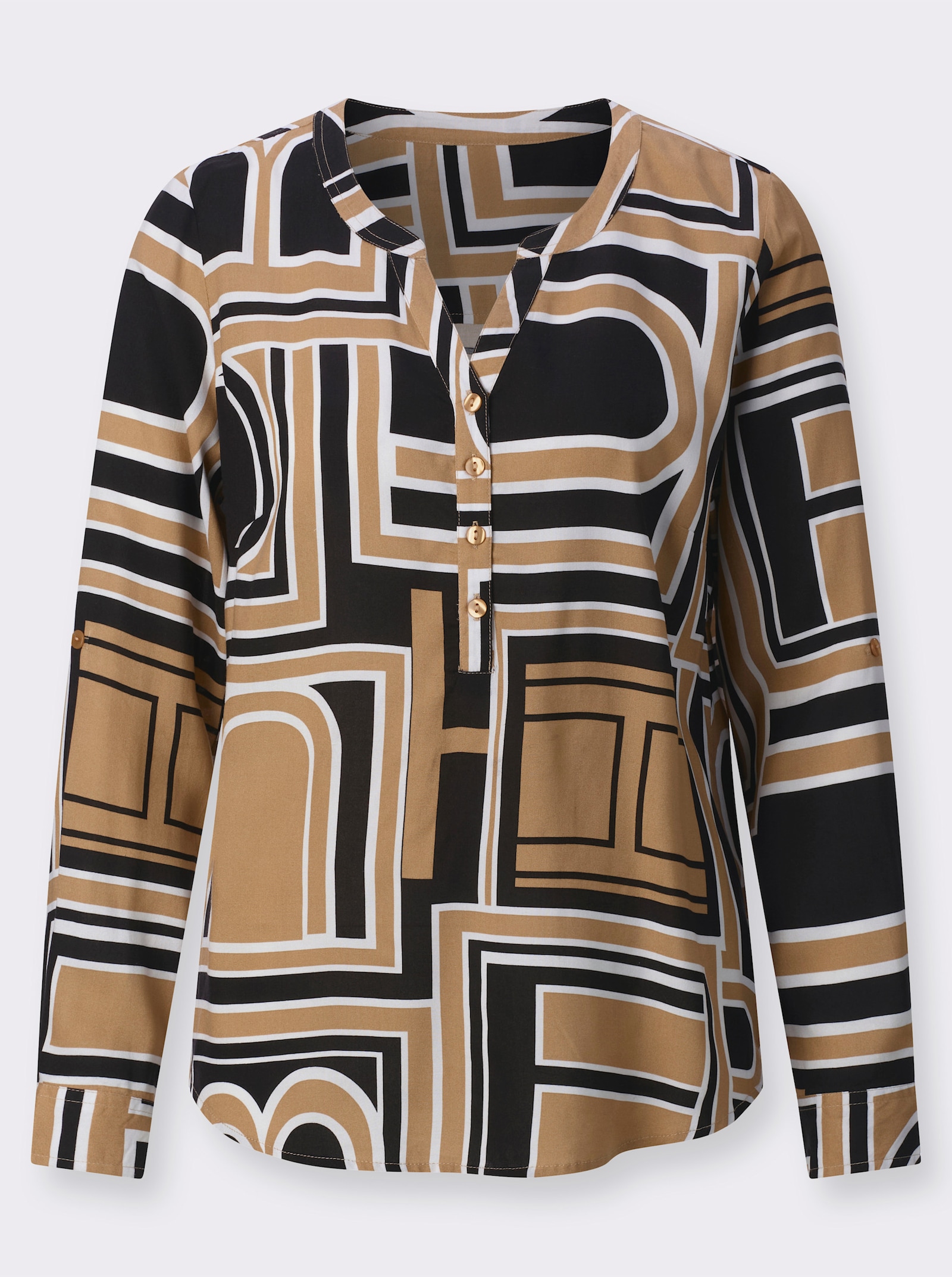 Schlupfbluse mit Krempelärmeln - camel-schwarz