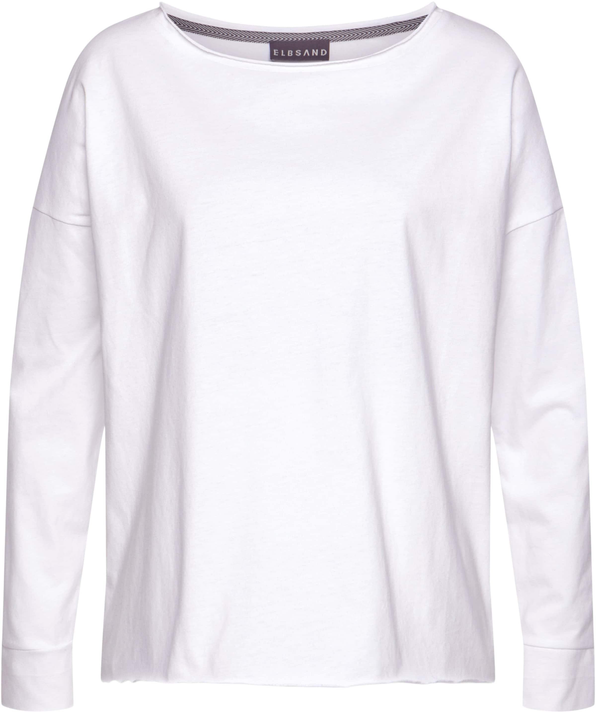 T Shirt  günstig Kaufen-Langarmshirt in weiß von Elbsand. Langarmshirt in weiß von Elbsand <![CDATA[Shirt von ELBSAND mit großem Logoprint und Teilungsnaht auf dem Rücken. Überschnittene Schultern und lange Ärmel. Länge ca. 62 cm. Aus 50% Baumwolle, 50% Polyester.
