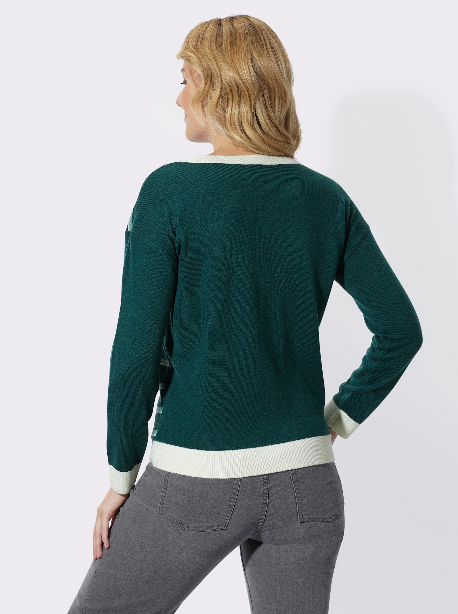Rundhalspullover mit Jacquard-Streifen-Muster - petrol-salbei-gemustert