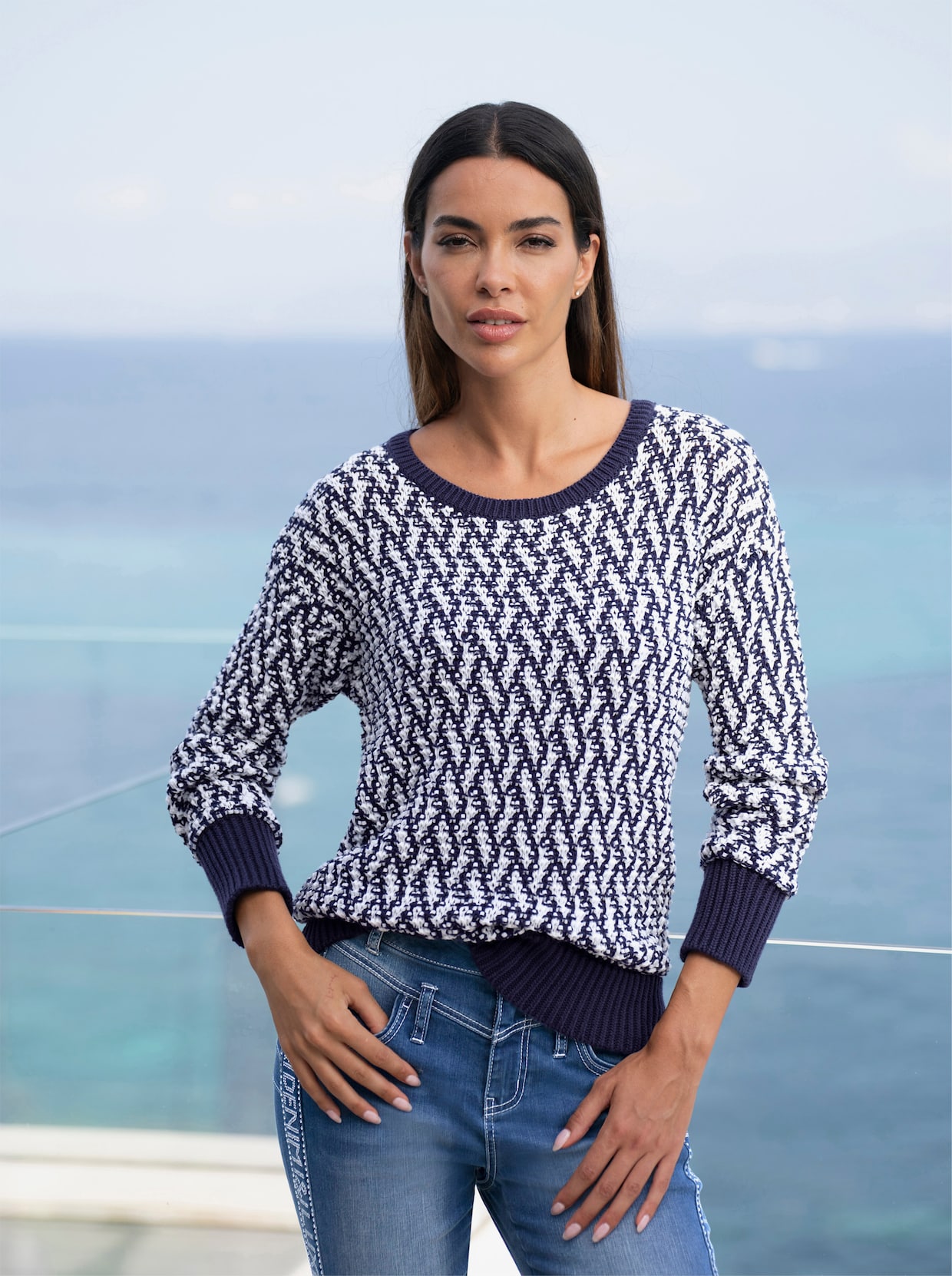 heine Langarm-Pullover - marine-ecru-gemustert