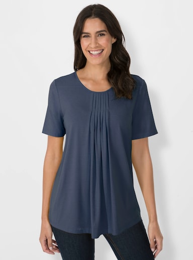 Rundhalsshirt in A-Form mit Falten - rauchblau