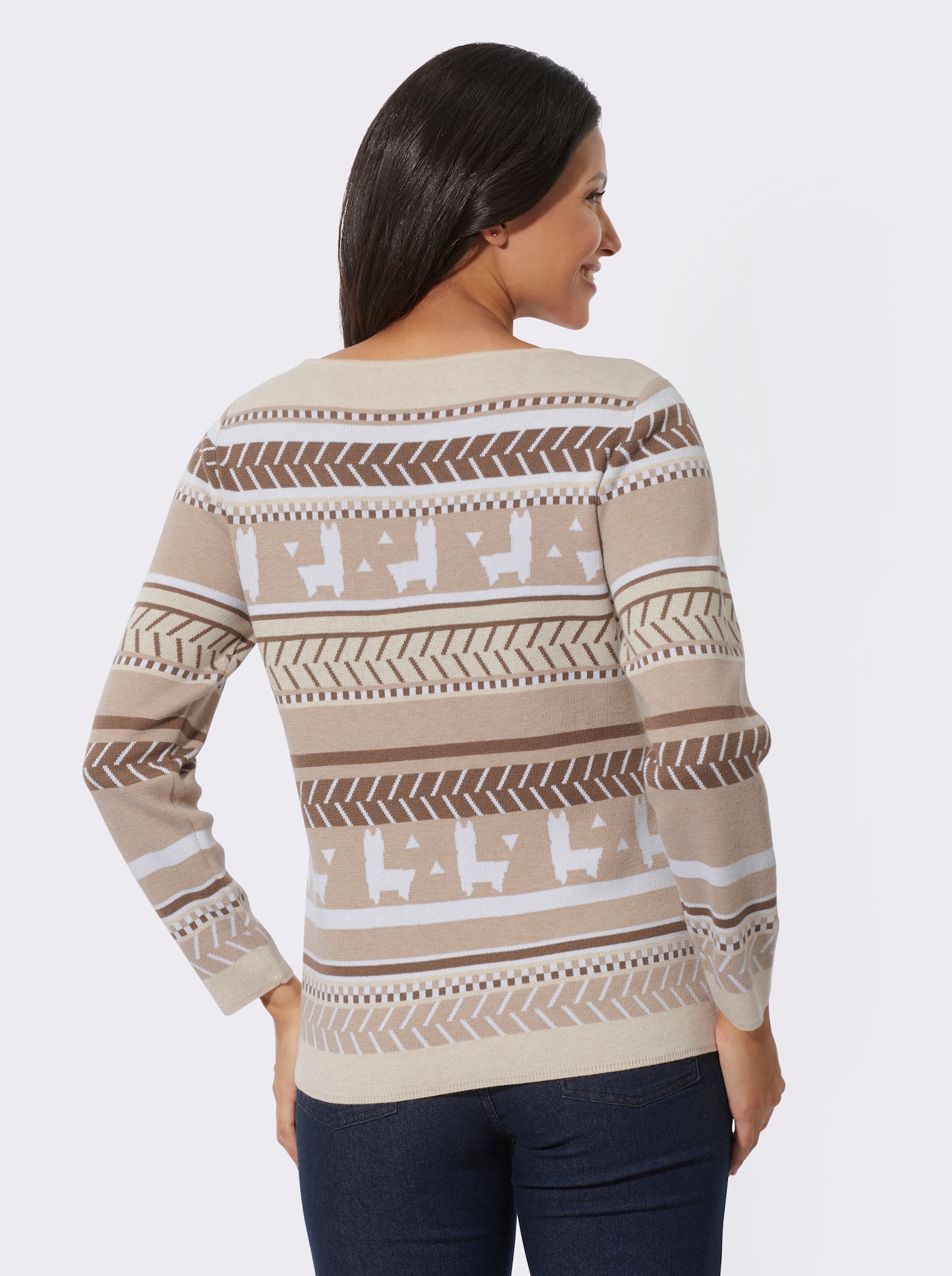 Jacquard-Pullover mit Lamas - beige-schoko-gemustert