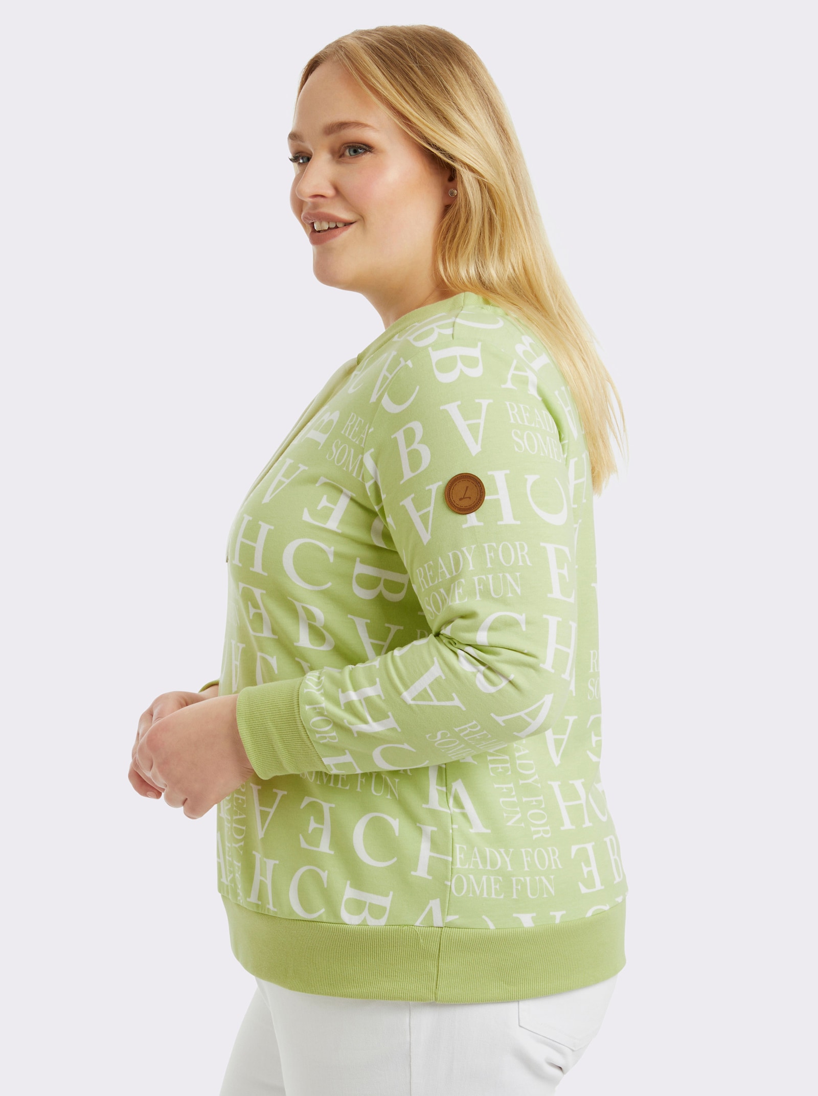 Sweatshirt mit Kordeldurchzug am Ausschnitt - pistazie-ecru-bedruckt