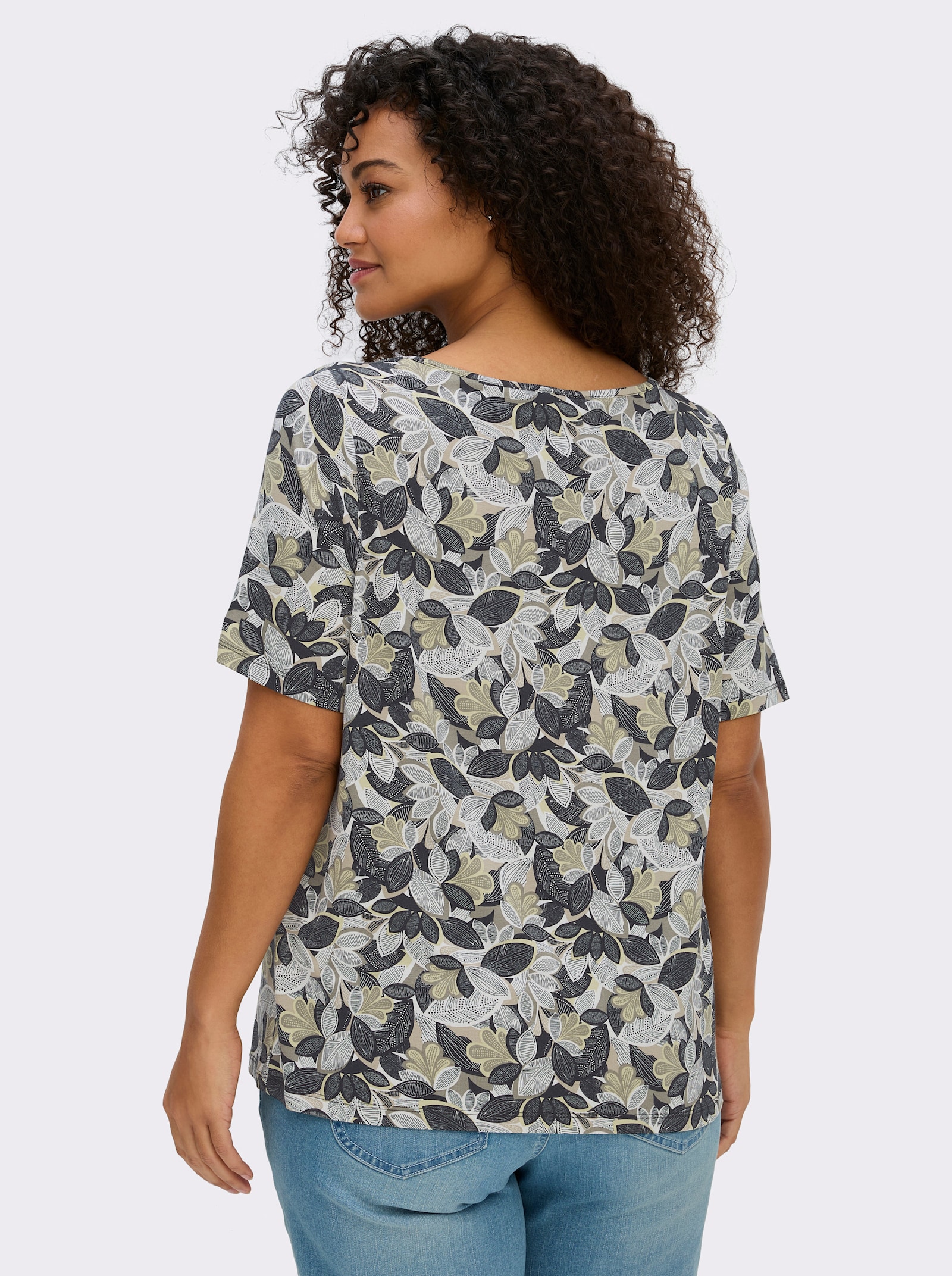 Print-Shirt mit paspeliertem U-Boot-Ausschnitt - khaki-lindgrün-bedruckt
