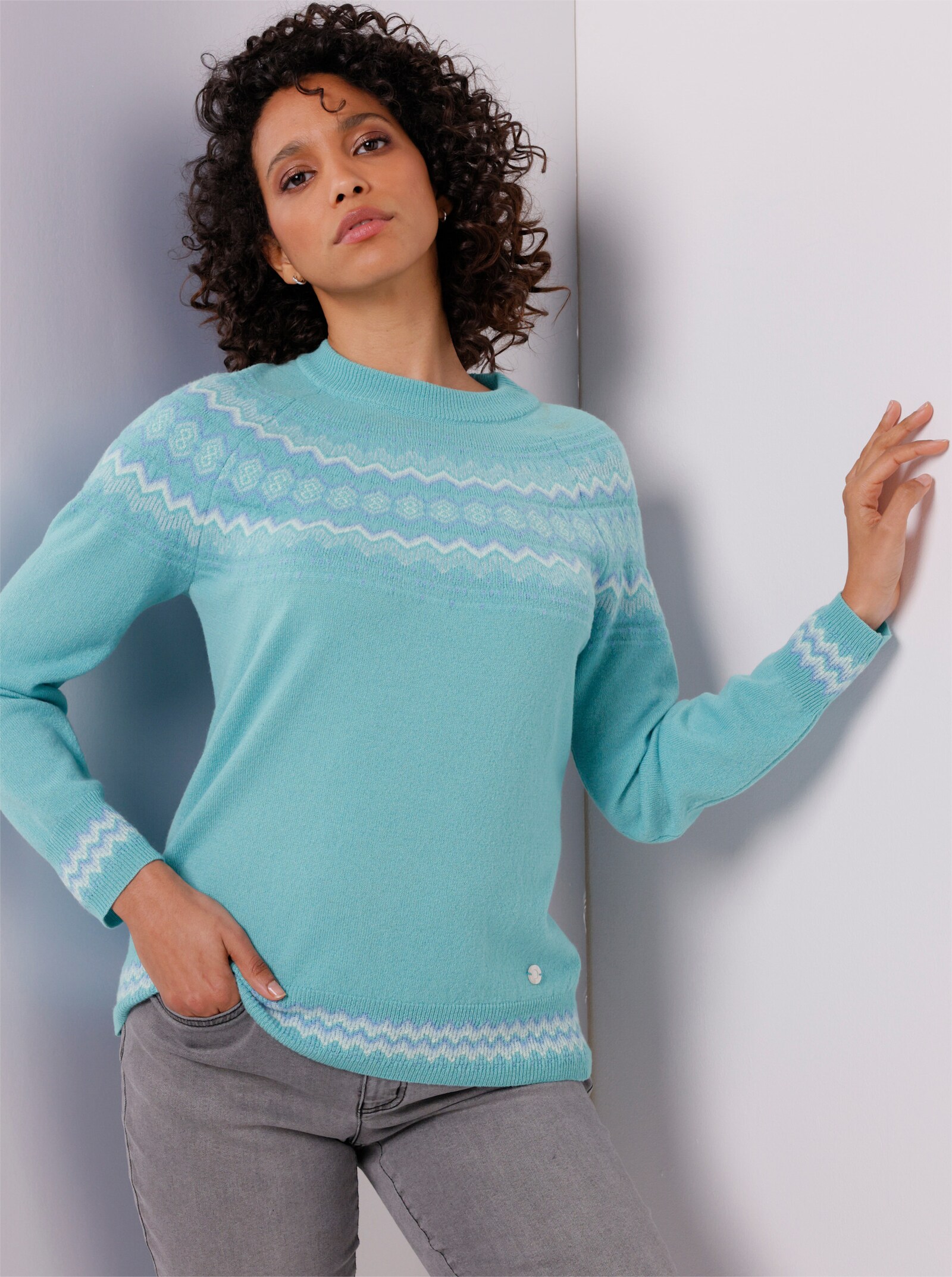CREATION L PREMIUM Jacquard-Pullover im Norweger-Stil - jade-steingrau-gemustert