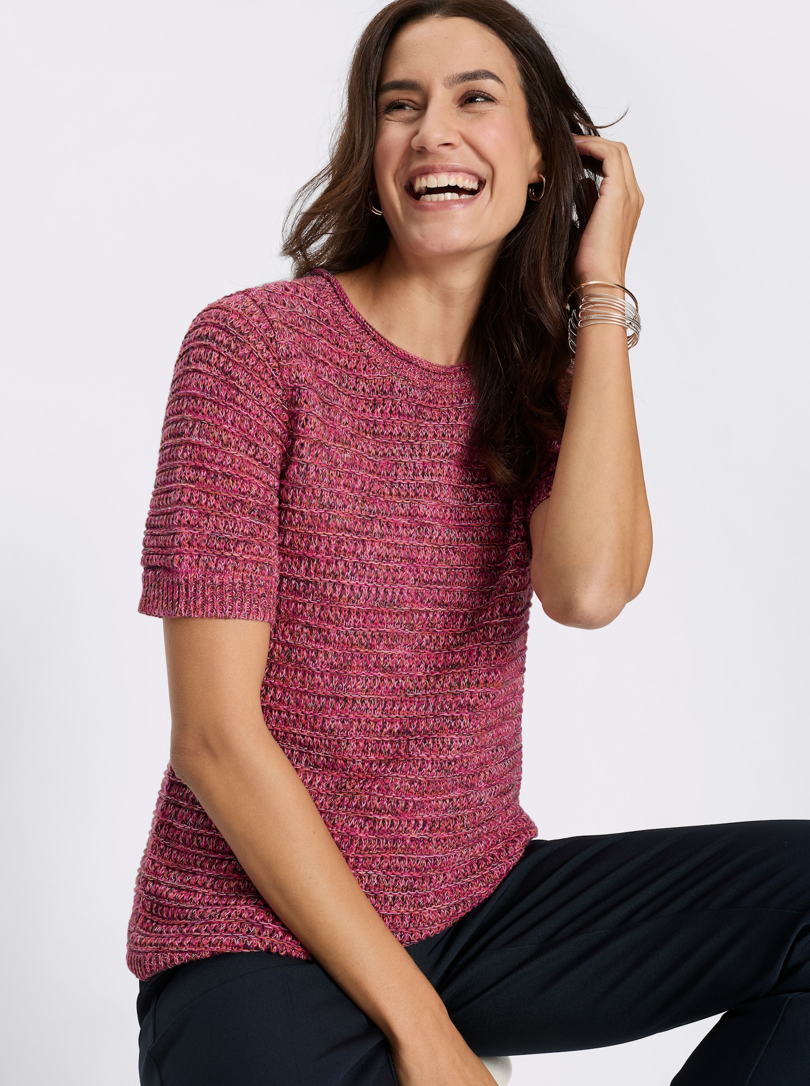 Baumwollpullover aus Melange-Garn - fuchsia-graphit-gemustert