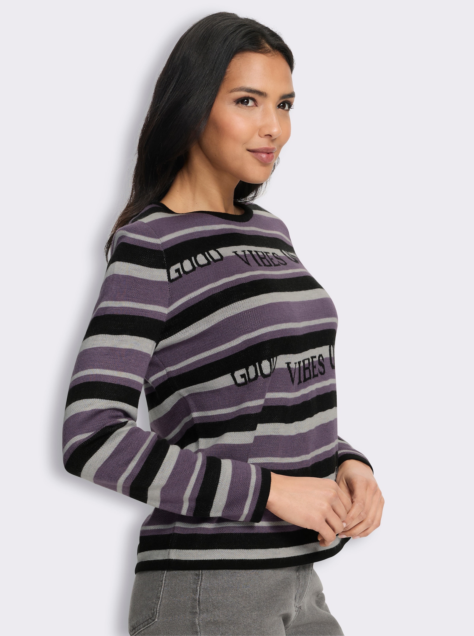 Jacquard-Pullover mit Streifen und Schriftzug - schwarz-feige-gemustert