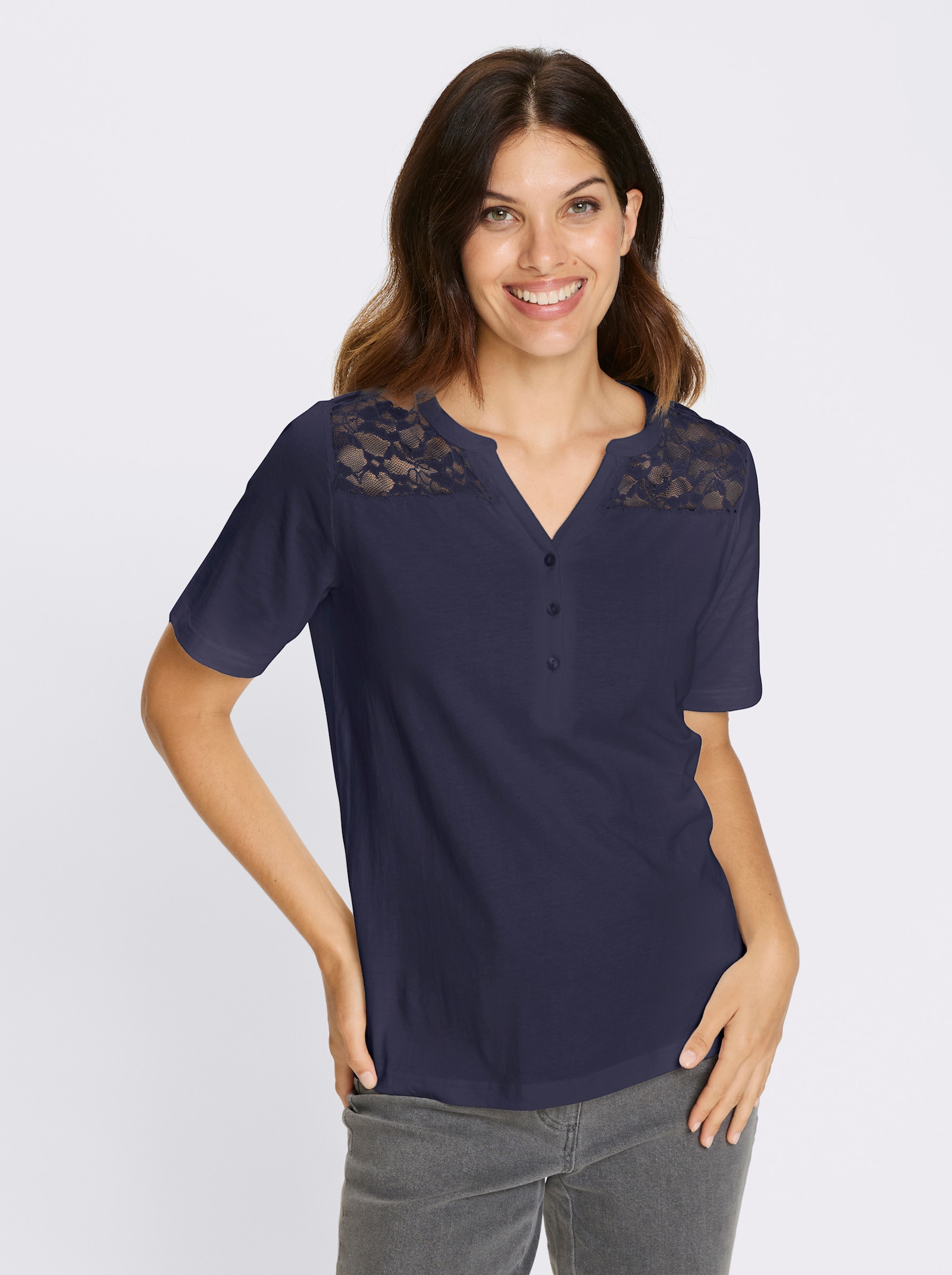 Tričko s krátkým rukávem s krajkovou vsadkou - námořnická modrá