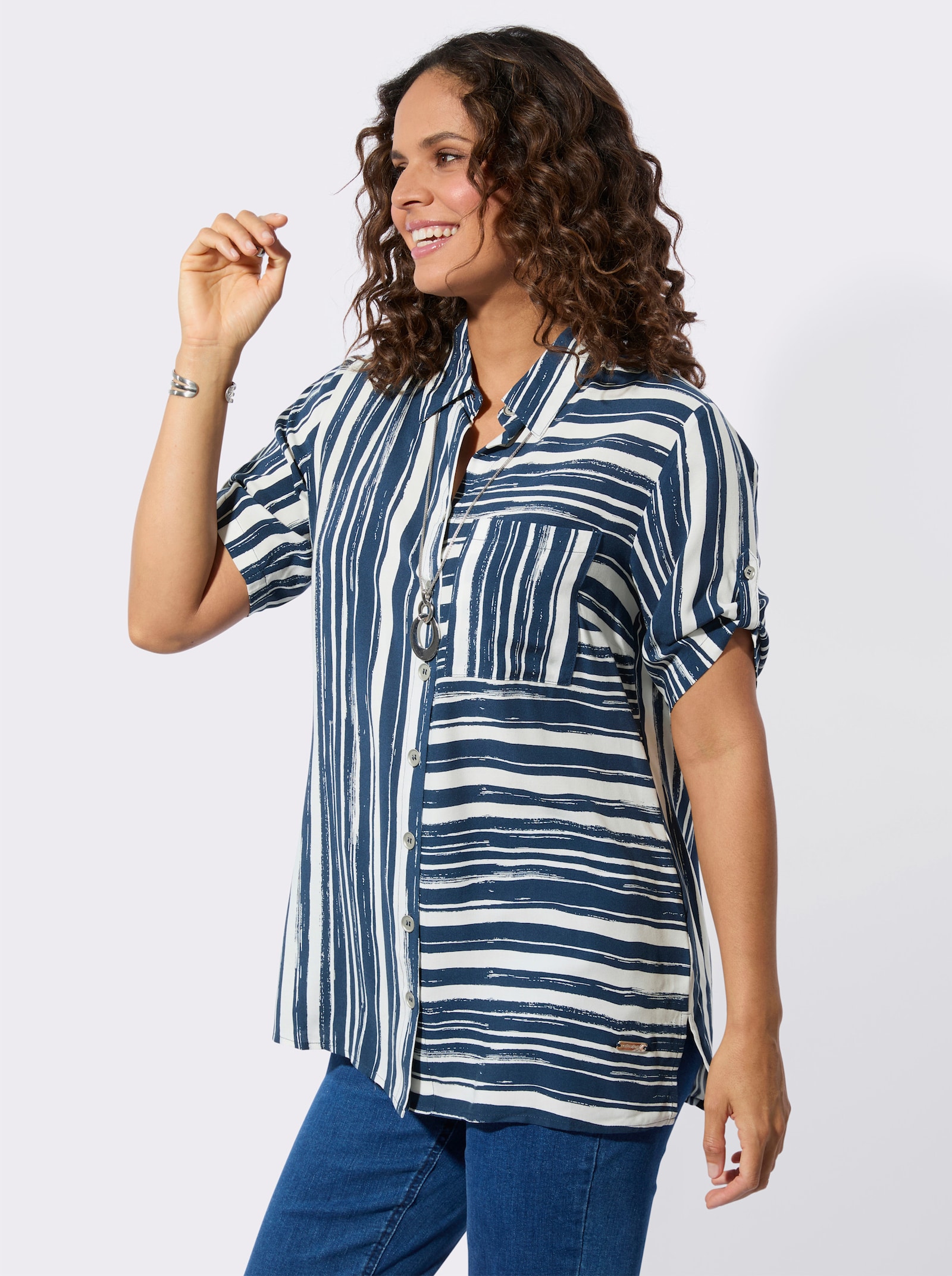 Longbluse aus reiner Viskose - marine-ecru-bedruckt