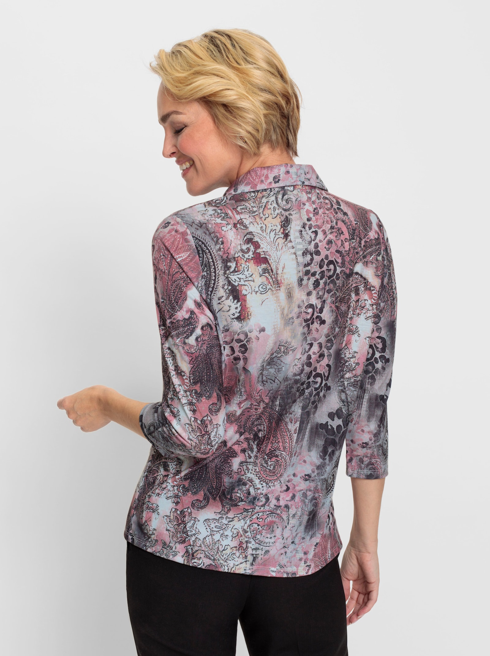 Poloshirt in bewegungselastischer Stretch-Qualität - rosenquarz-steingrau-bedruckt