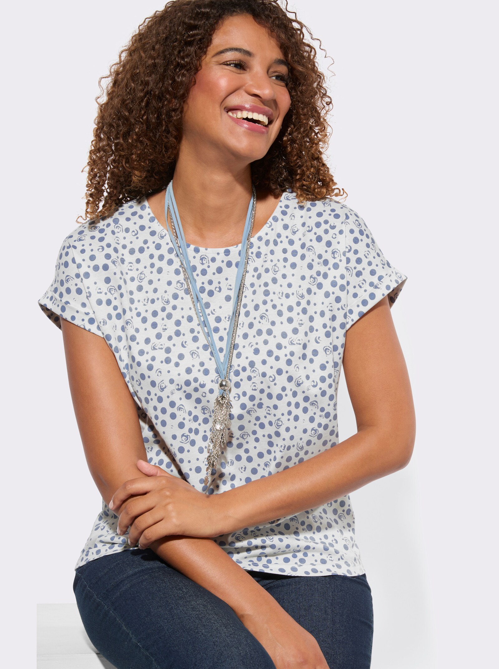 Print-Shirt aus reiner Baumwolle - taubenblau-ecru-bedruckt