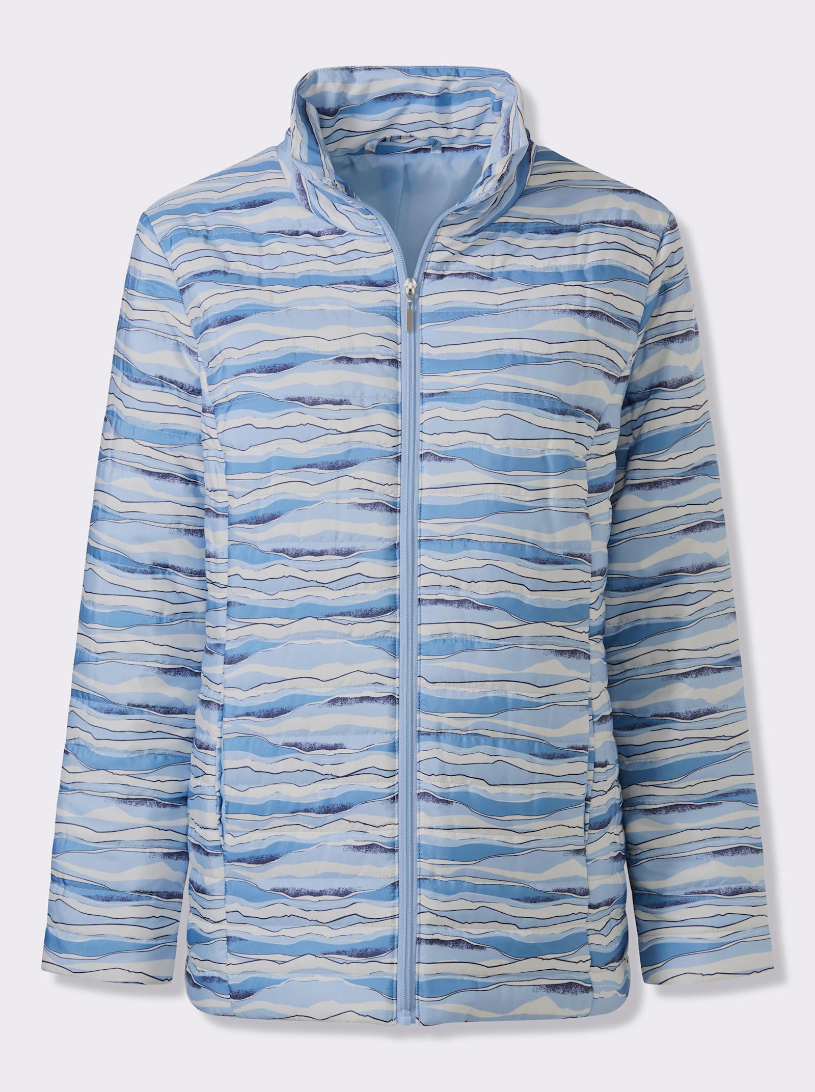 Steppjacke mit Stehkragen - mittelblau-ecru-bedruckt