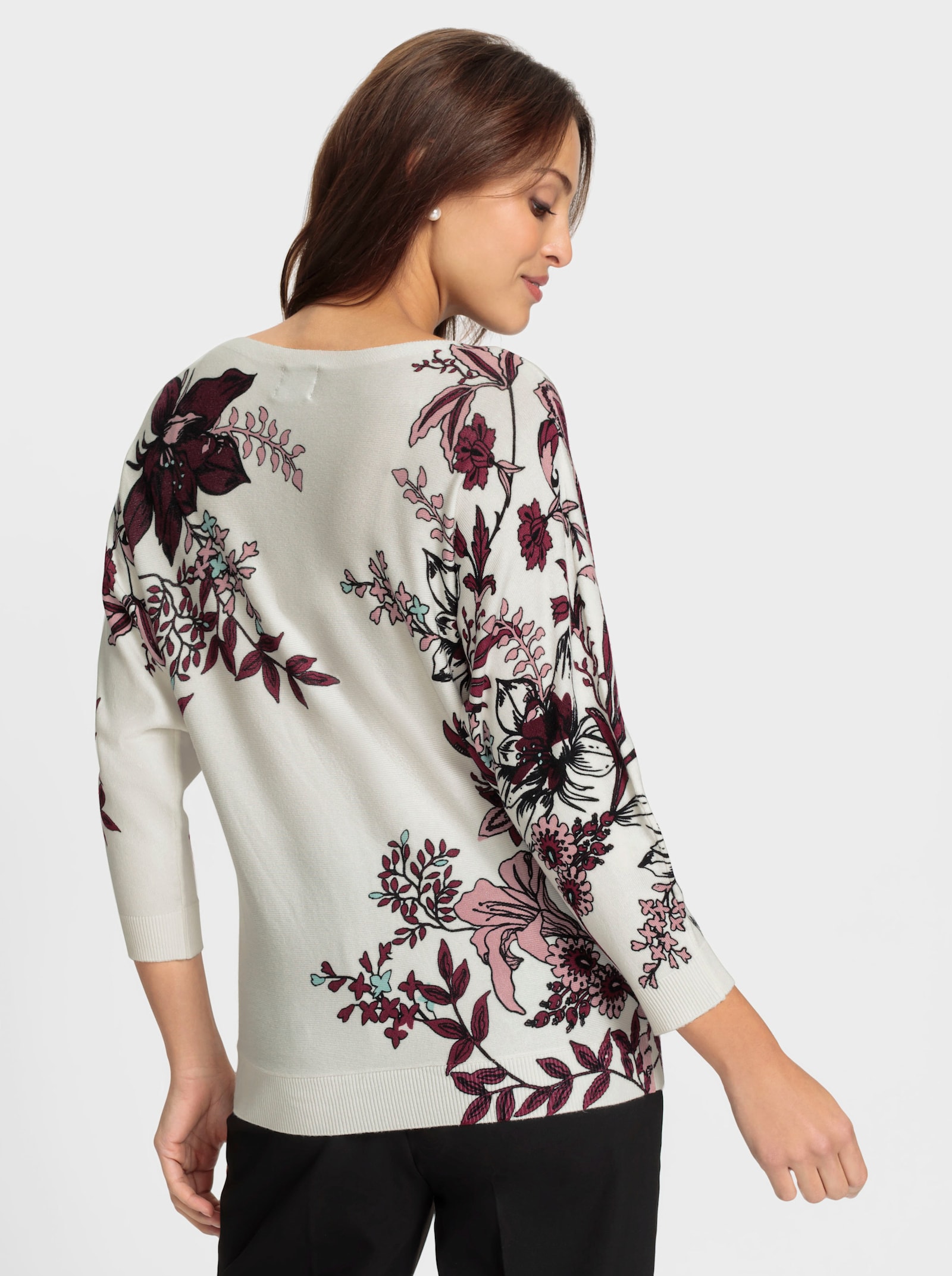 3/4 Arm-Pullover mit U-Boot-Ausschnitt - ecru-burgund-bedruckt