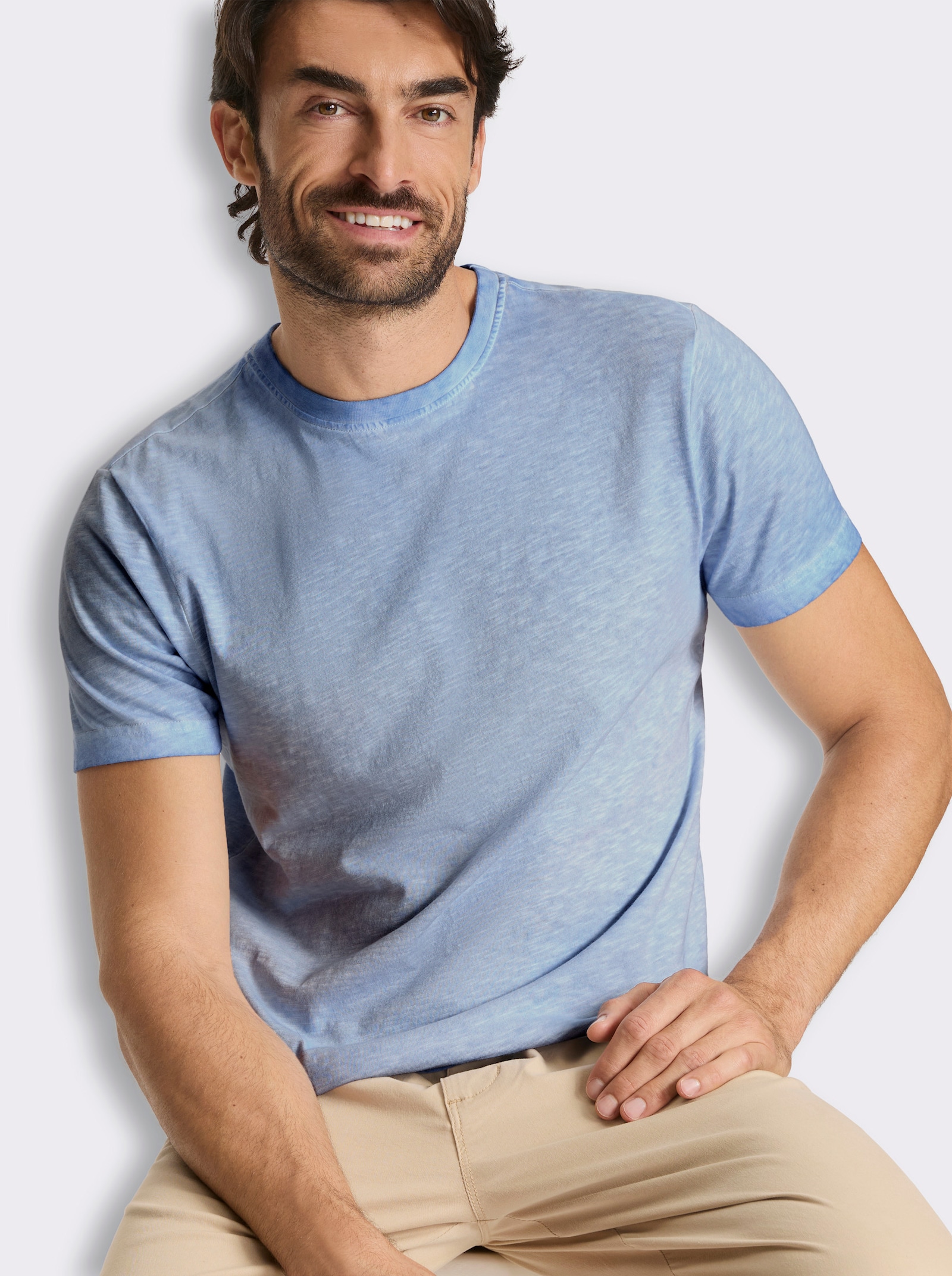 Kurzarmshirt mit Rundhals-Ausschnitt, Baumwolle - himmelblau
