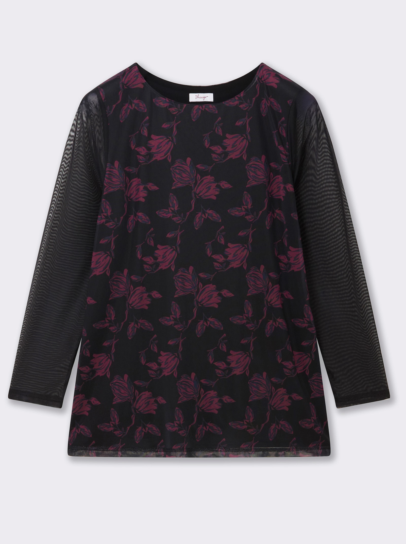 sheego Shirt met lange mouwen, boothals en meshdetails - zwart geprint