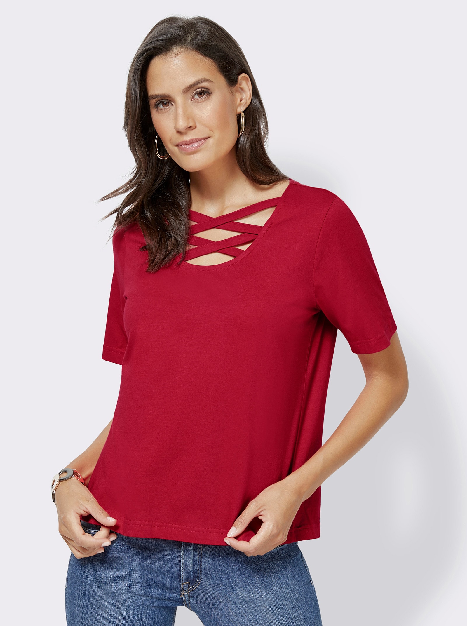 Kurzarmshirt mit Bändchen, gekreuzt - mohnrot