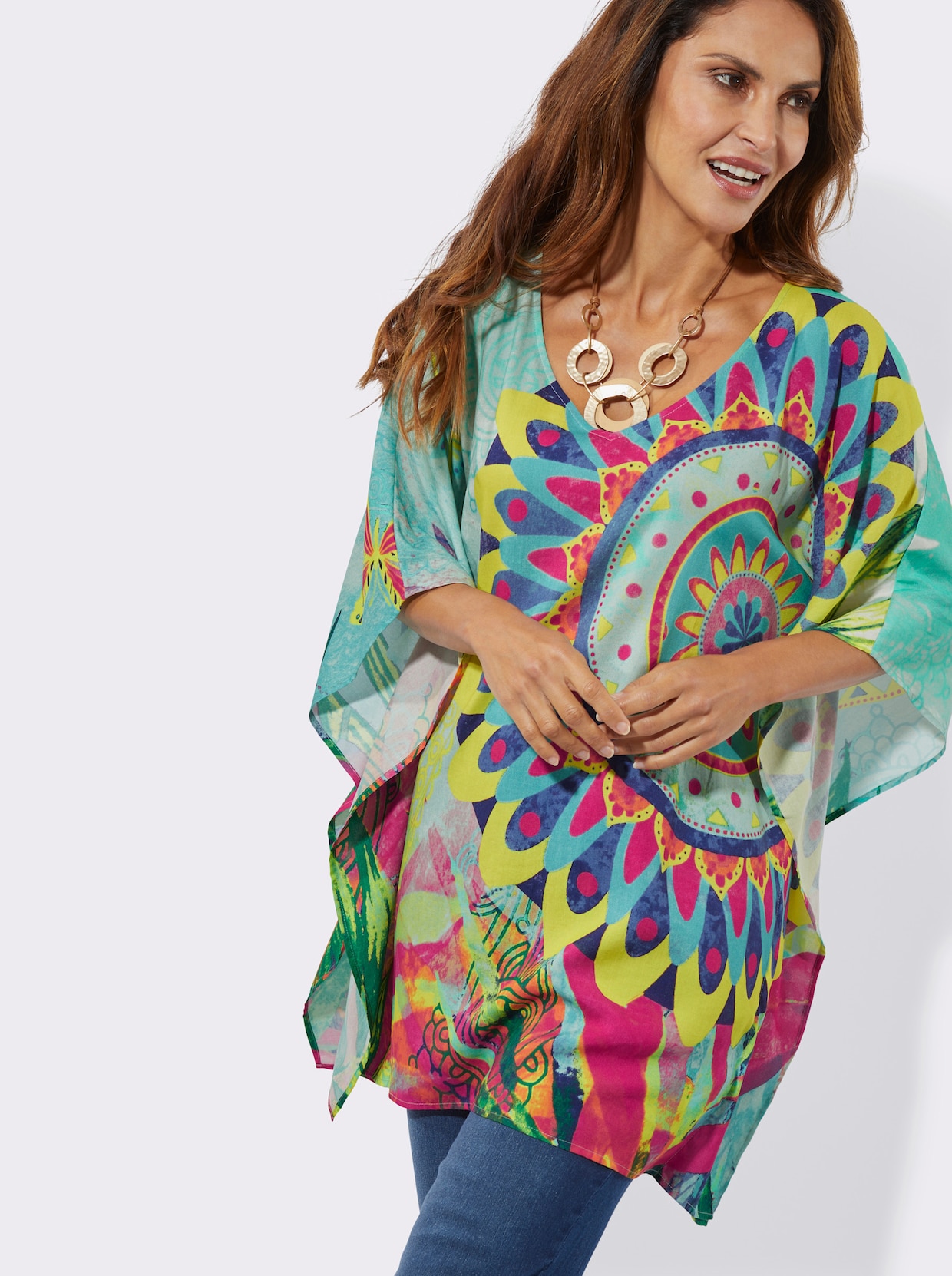 Chemisier coupe tunique - menthe-fuchsia imprimé