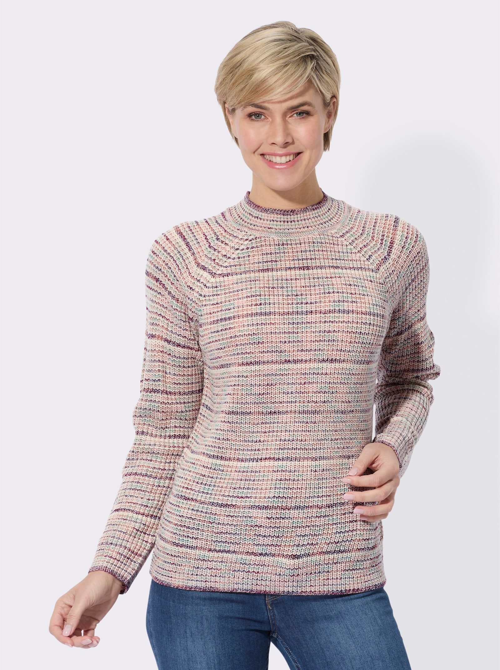 Stehkragenpullover in Ringel-Optik - champagner-rosenholz-meliert