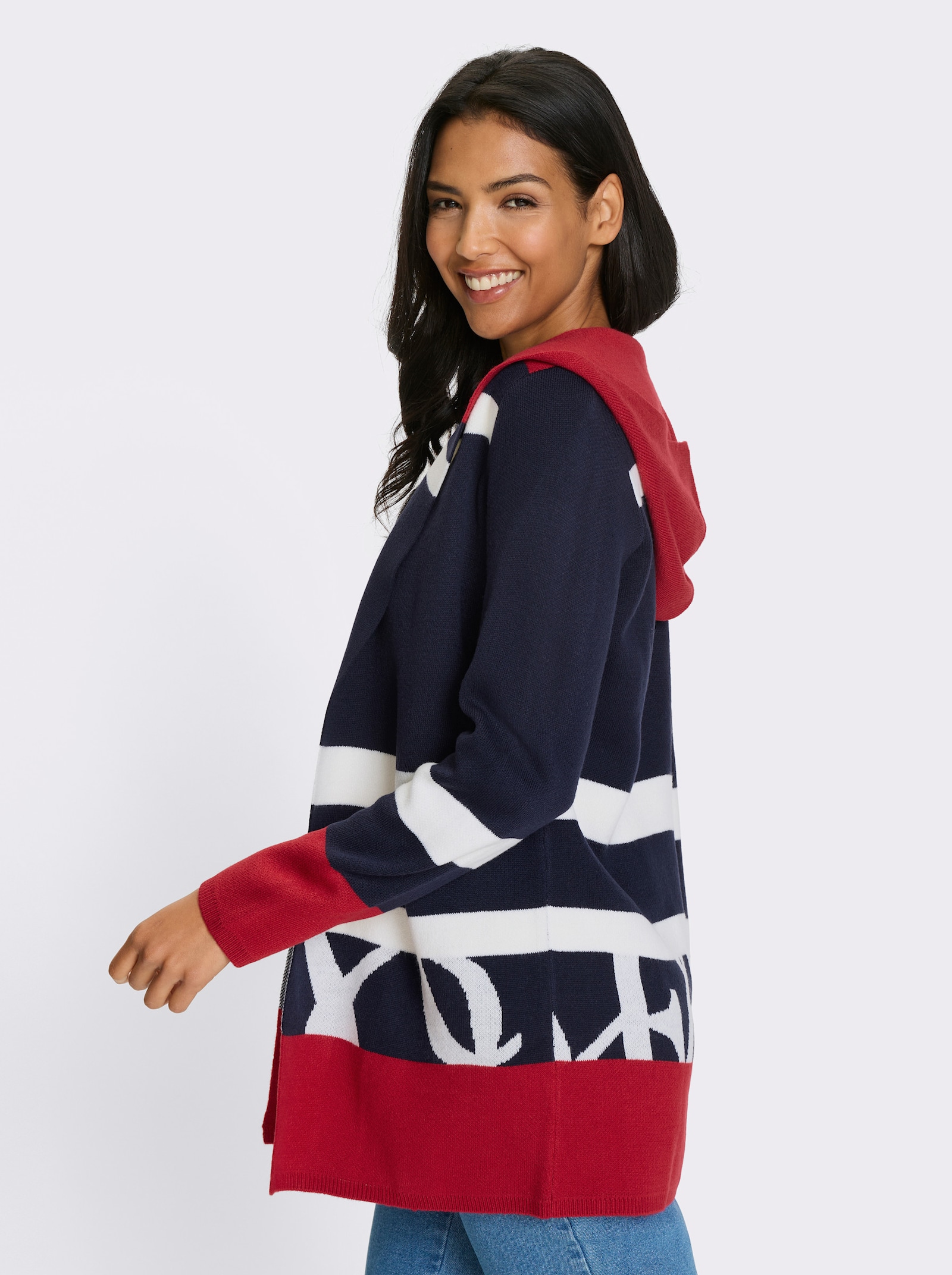 Dlouhý pletený kabátek s kapucí, žakár - námořnická modrá-bílá-proužek