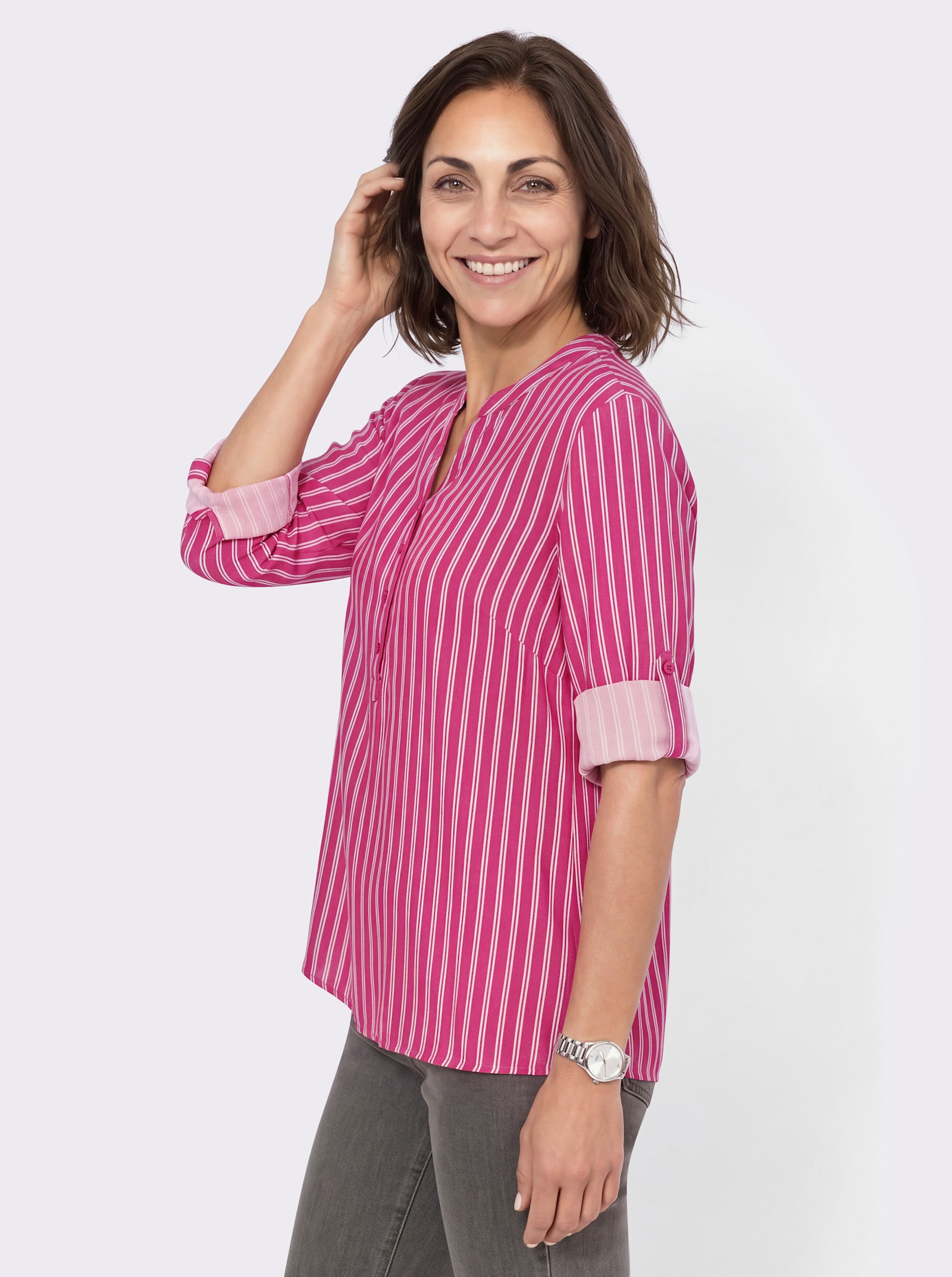 Gestreifte Bluse mit hinten abgerundetem Saum - fuchsia-ecru-gestreift