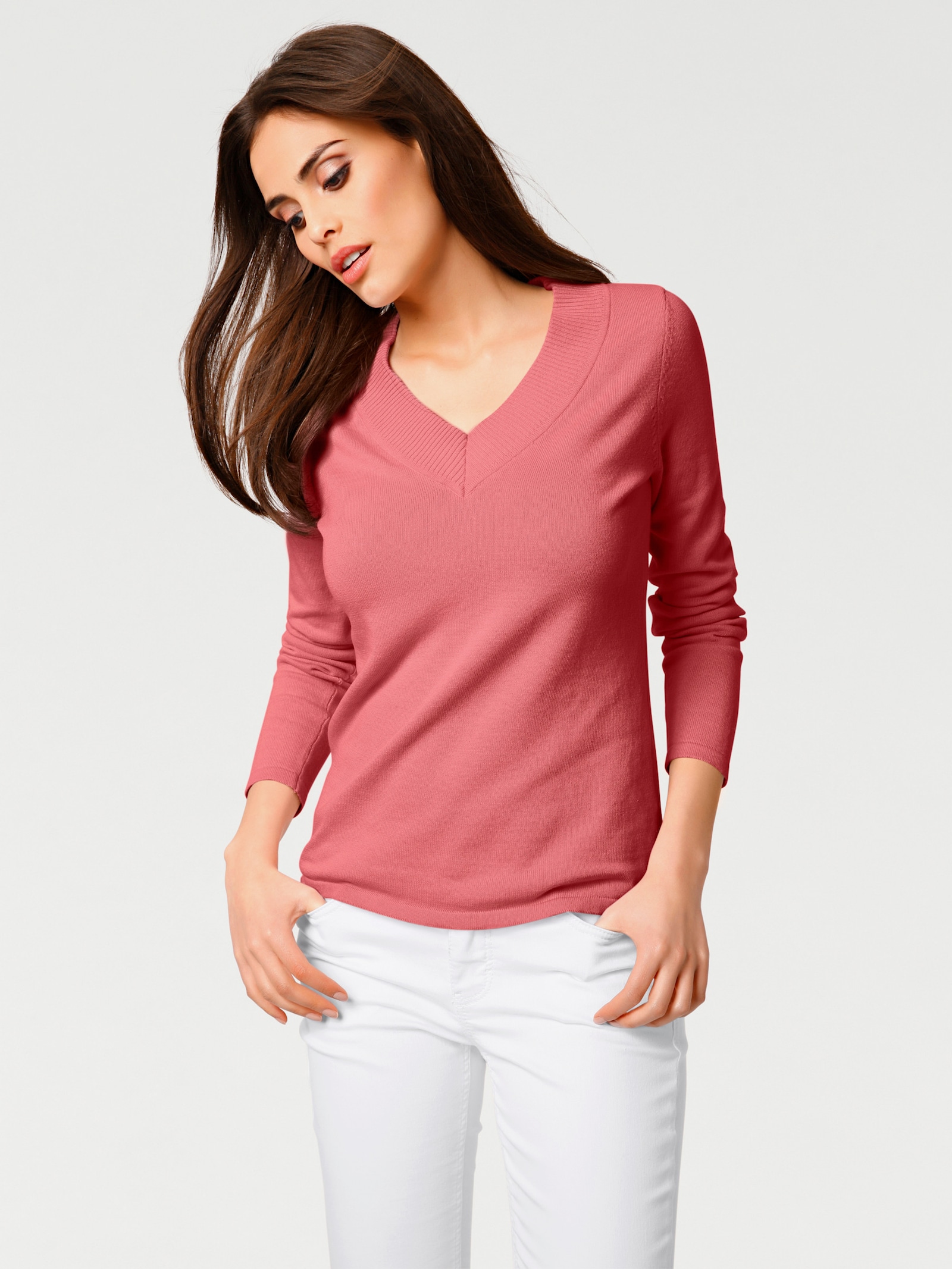 heine V-Ausschnitt-Pullover aus reiner Baumwolle - koralle